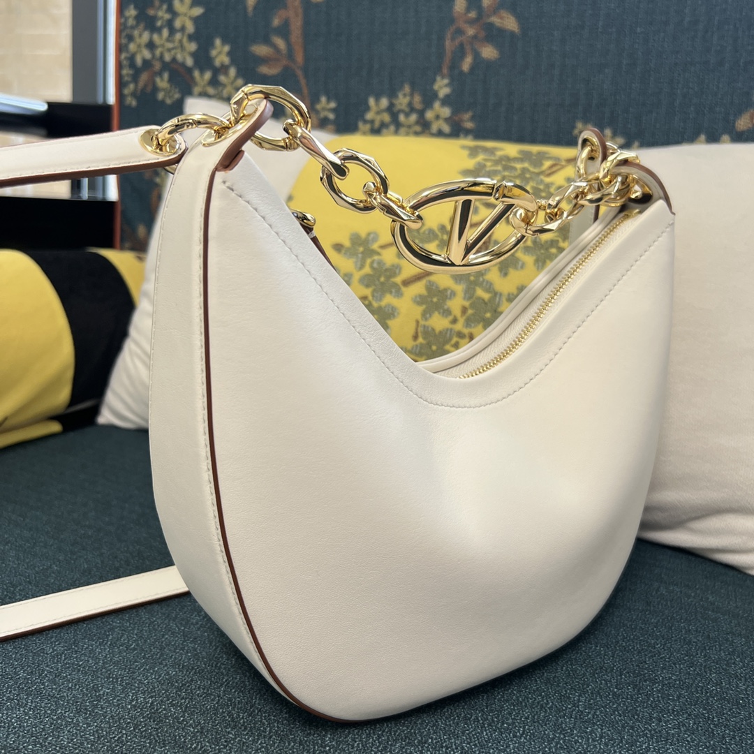 Valentino Vlogo Moon Medium Grainy Calfskin Hobo Bag With Chain for Woman in Almond | Valentin