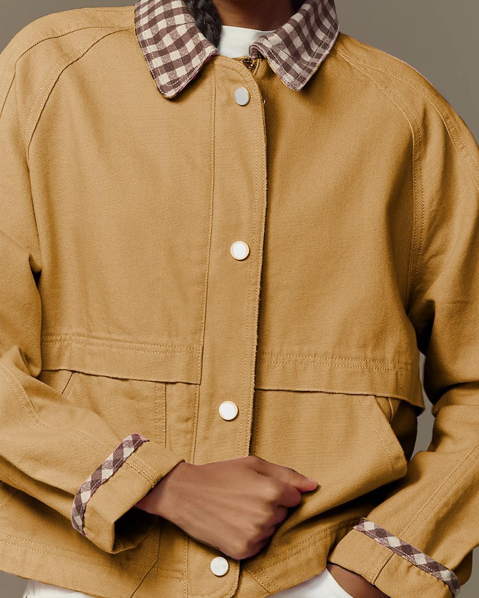 VAOYIU Women Snap Button Denim Jacket Cuffs Loose Plaid Collar Outfit Trendy Jean Coat with Pockets Spring Autumn Wear