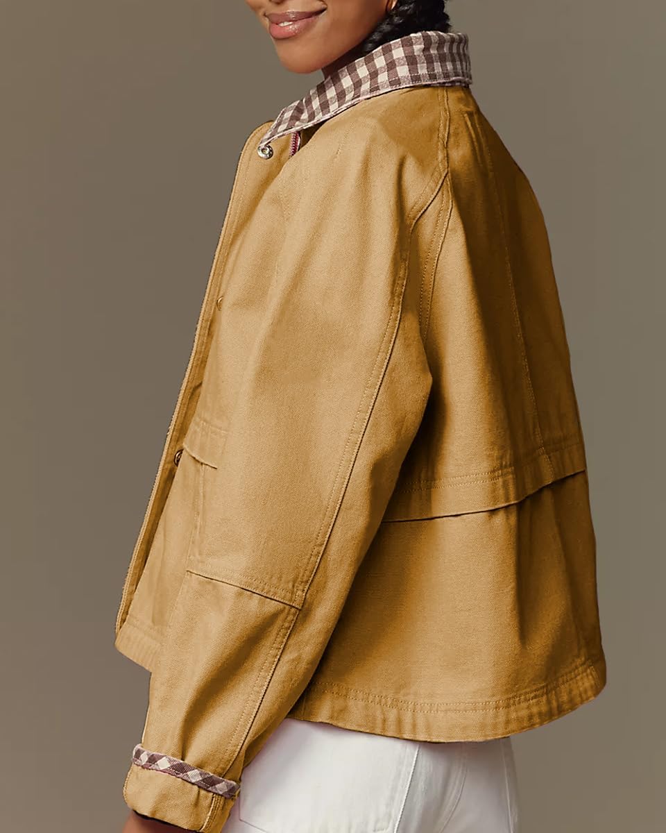 VAOYIU Women Snap Button Denim Jacket Cuffs Loose Plaid Collar Outfit Trendy Jean Coat with Pockets Spring Autumn Wear