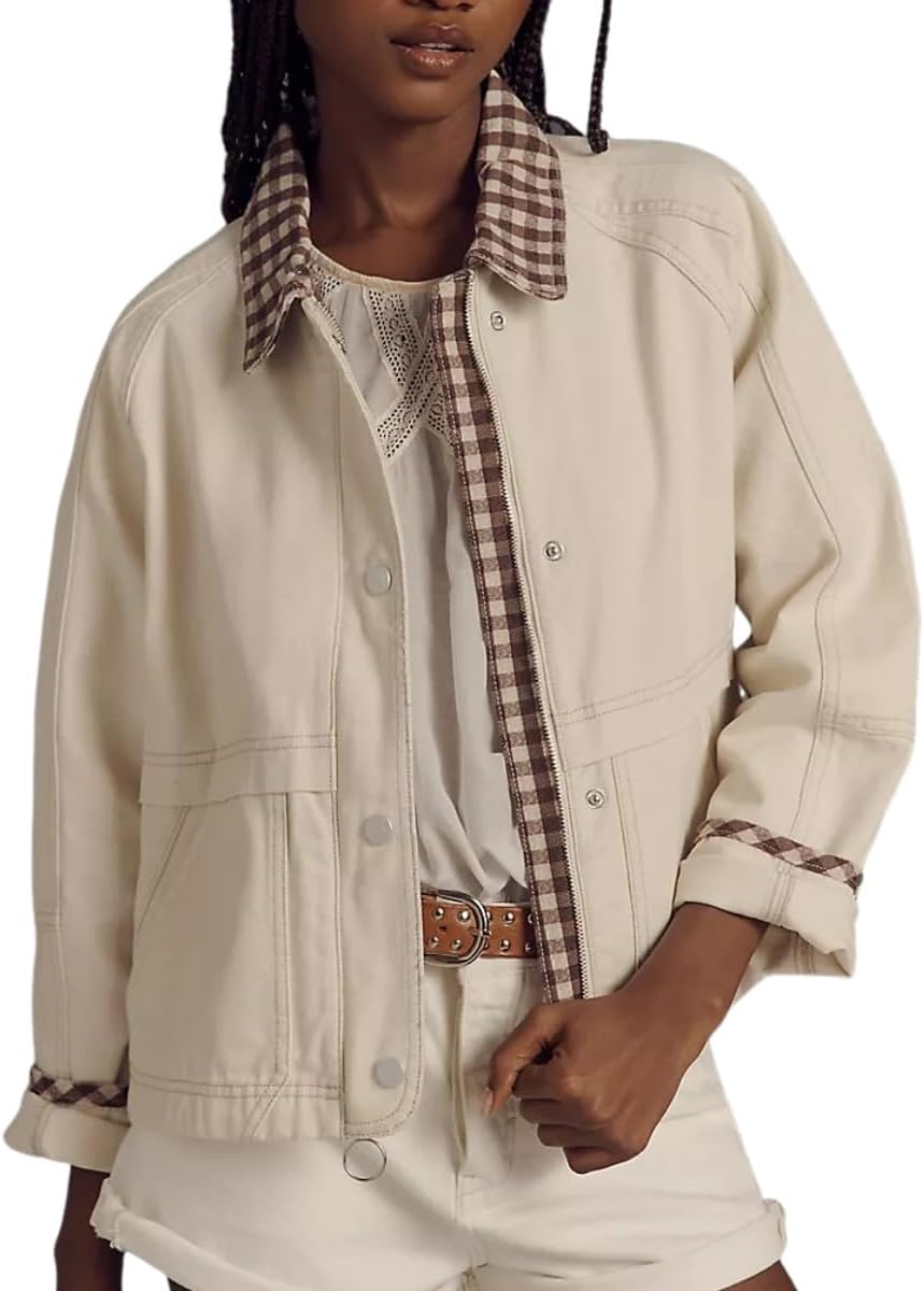 VAOYIU Women Snap Button Denim Jacket Cuffs Loose Plaid Collar Outfit Trendy Jean Coat with Pockets Spring Autumn Wear