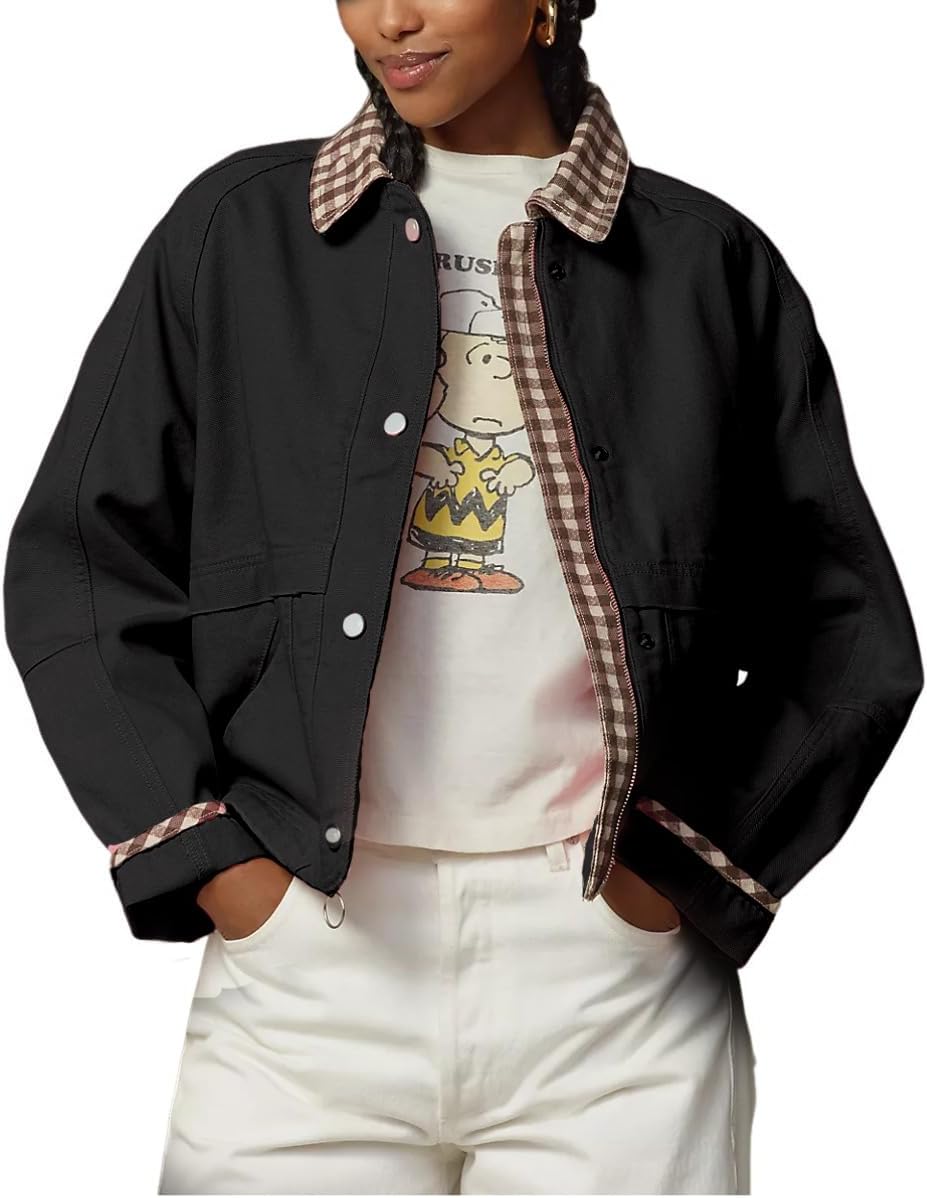 VAOYIU Women Snap Button Denim Jacket Cuffs Loose Plaid Collar Outfit Trendy Jean Coat with Pockets Spring Autumn Wear