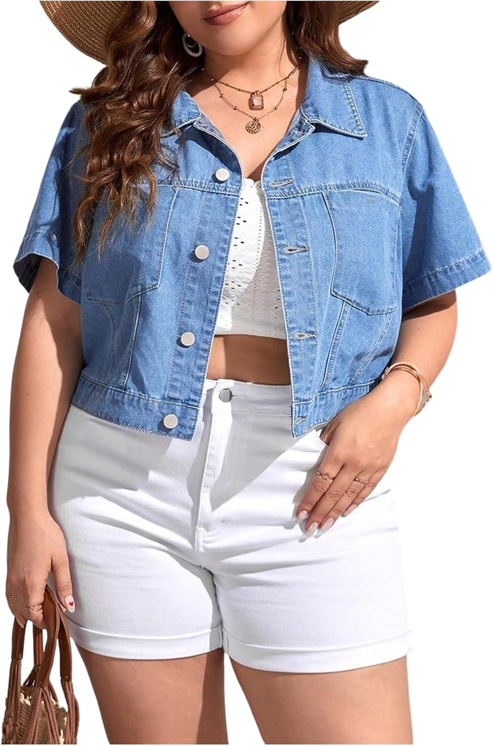 Denim jacket and white shorts outfit, stylish women's casual summer fashion.