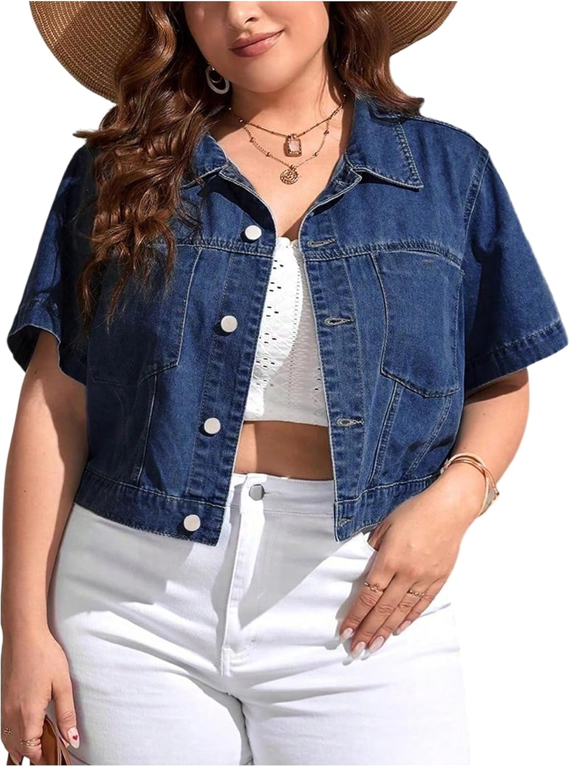 Verdusa Women’s Plus Size Button Front Denim Jacket Summer Streetwear Crop Tops with Pockets