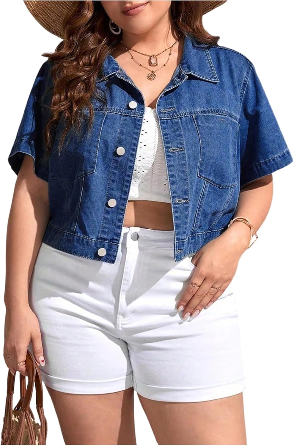 Verdusa Women’s Plus Size Button Front Denim Jacket Summer Streetwear Crop Tops with Pockets