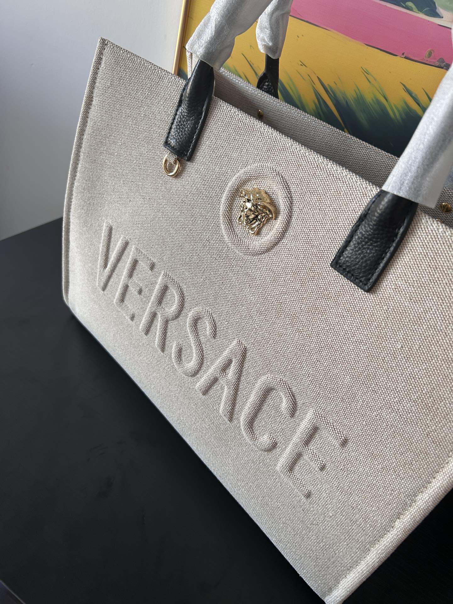 Versace La Medusa Canvas Large Tote Bag Beige | VERSACE US