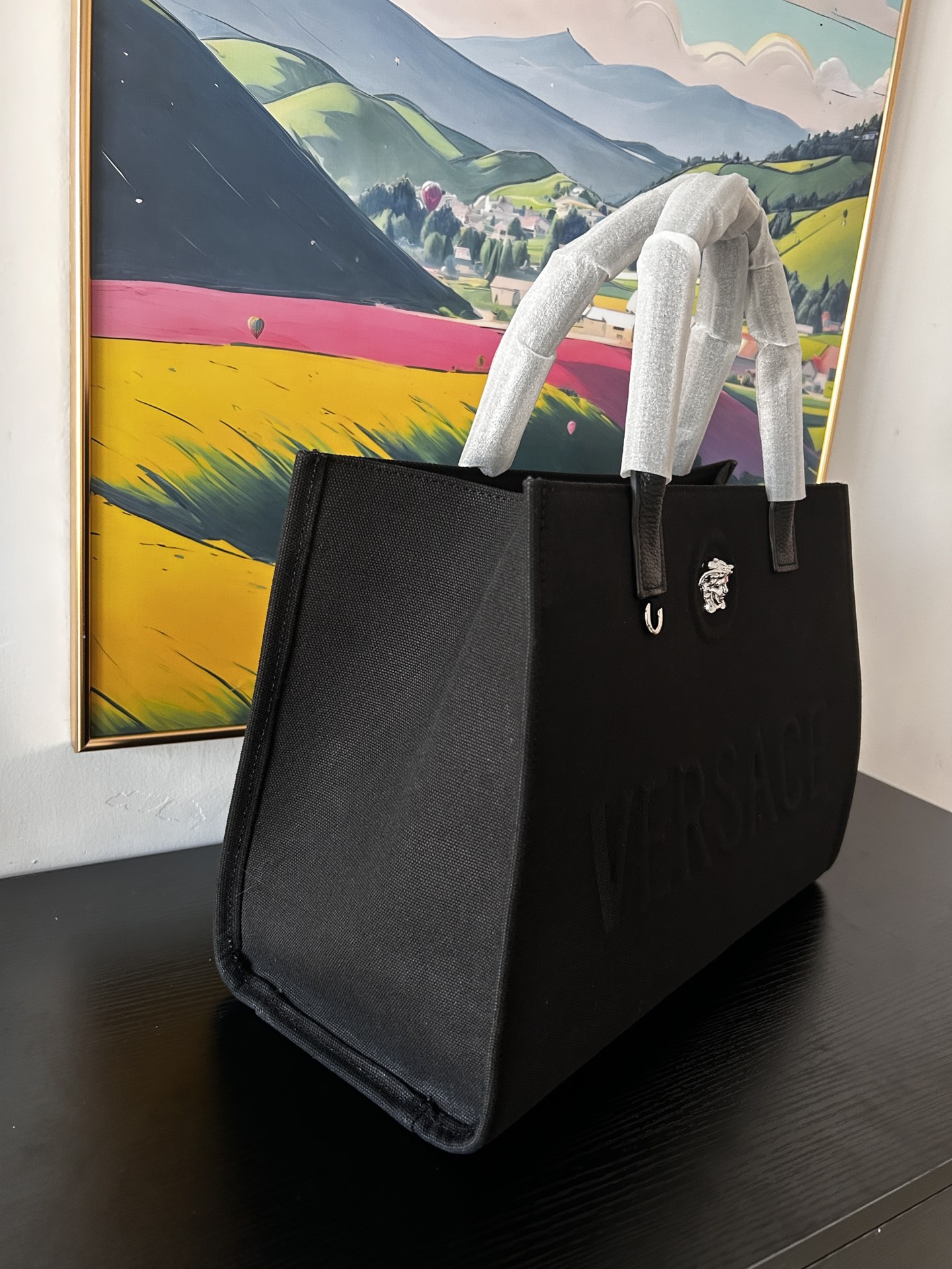 Versace Medusa Large Top Handle Black Canvas Tote Bag
