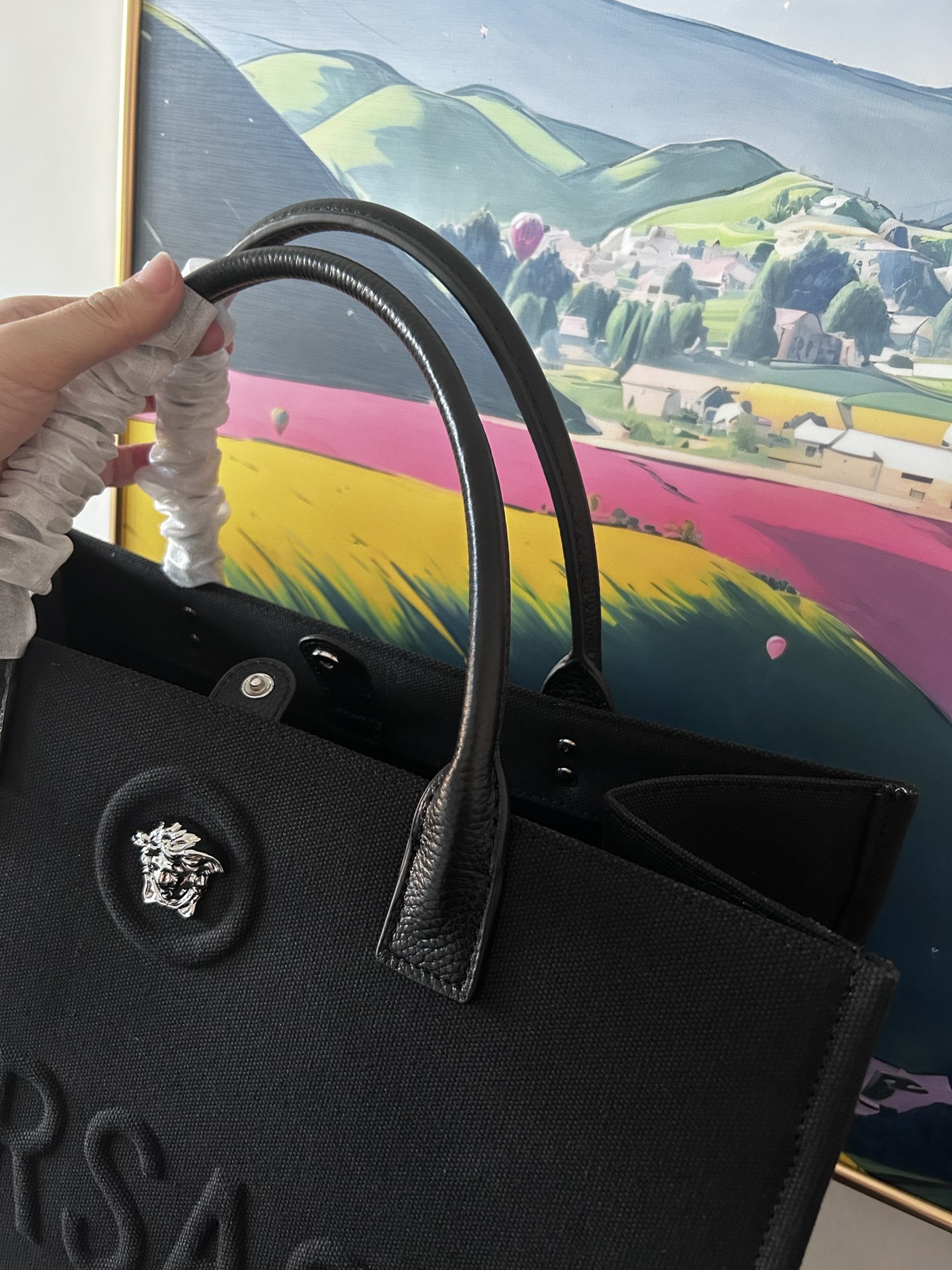 Versace Medusa Large Top Handle Black Canvas Tote Bag