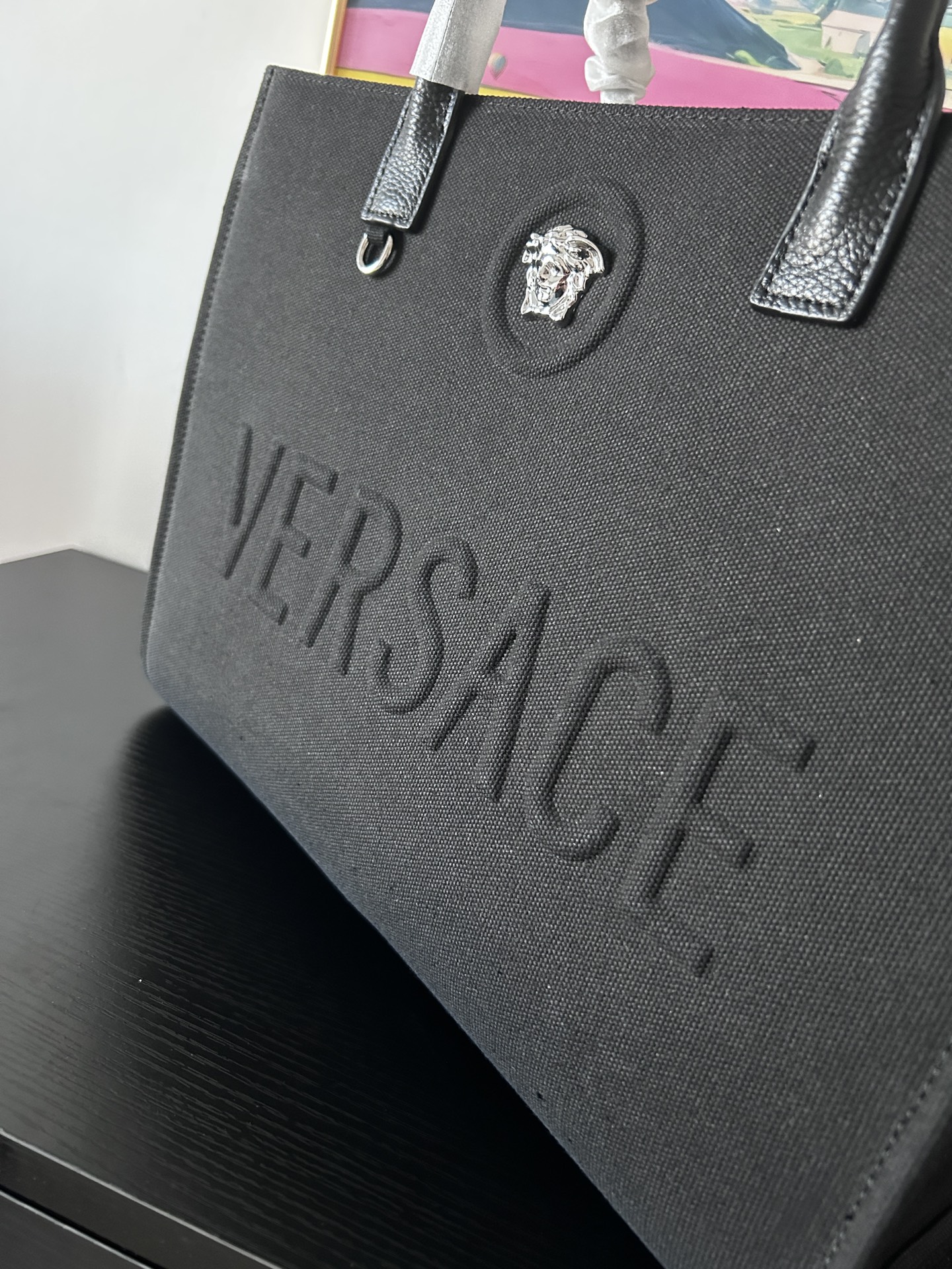Versace Medusa Large Top Handle Black Canvas Tote Bag