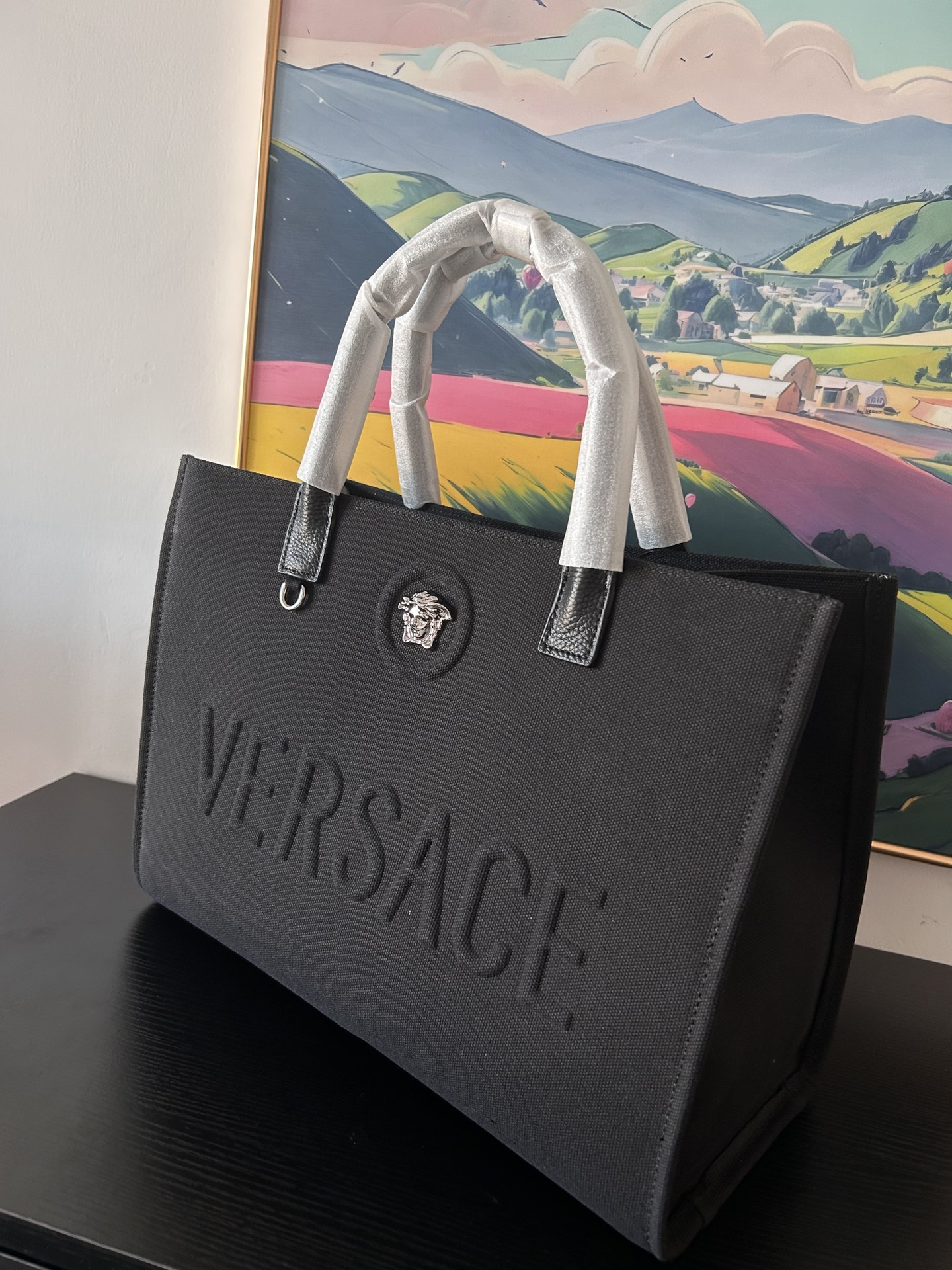 Versace Medusa Large Top Handle Black Canvas Tote Bag
