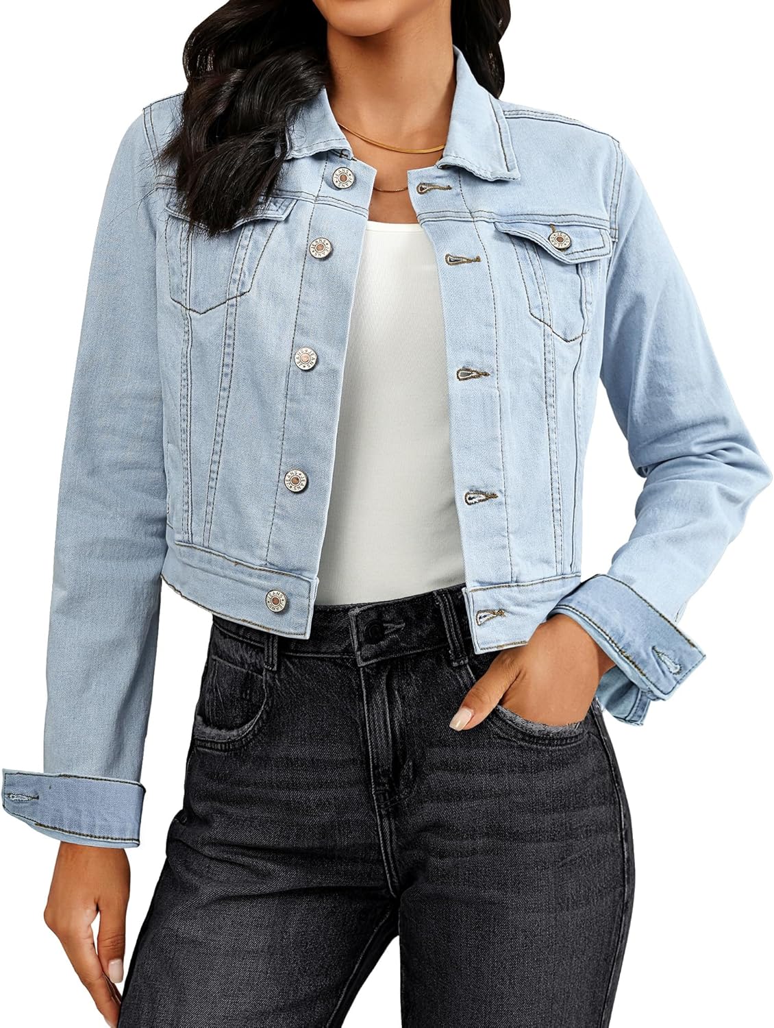 Vetinee Cropped Jean Jacket Women Trendy Button Down Lightweight Slim Fit Short Trucker Stretchy Denim Jackets Shackets