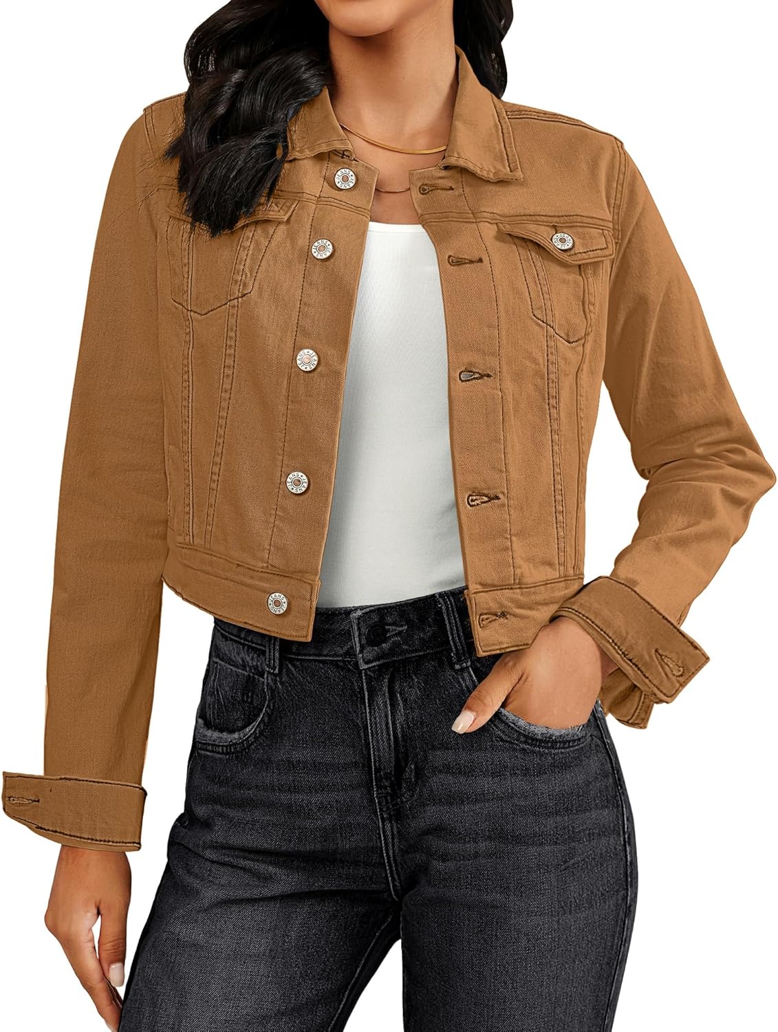 Vetinee Cropped Jean Jacket Women Trendy Button Down Lightweight Slim Fit Short Trucker Stretchy Denim Jackets Shackets