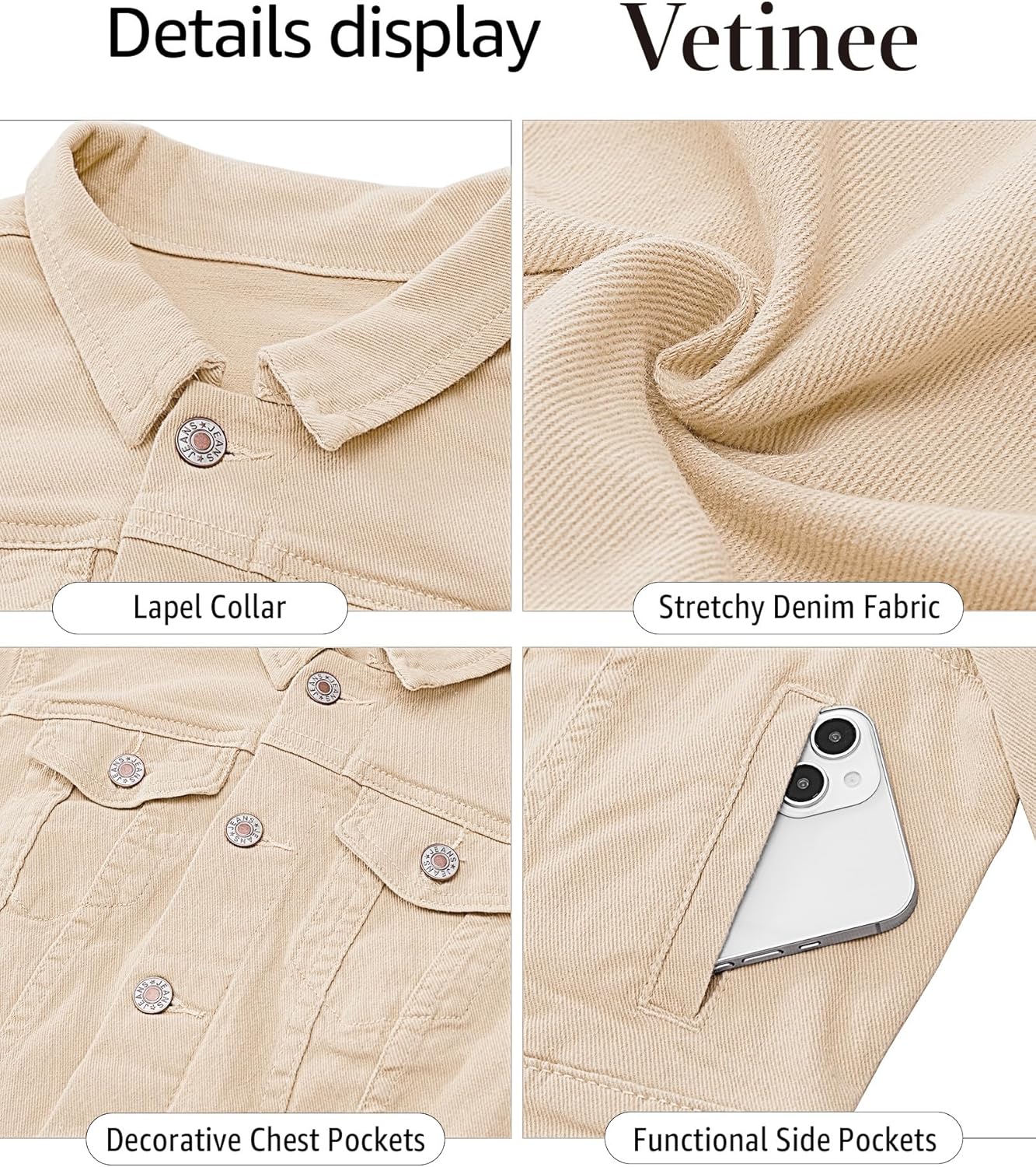 Vetinee Cropped Jean Jacket Women Trendy Button Down Lightweight Slim Fit Short Trucker Stretchy Denim Jackets Shackets