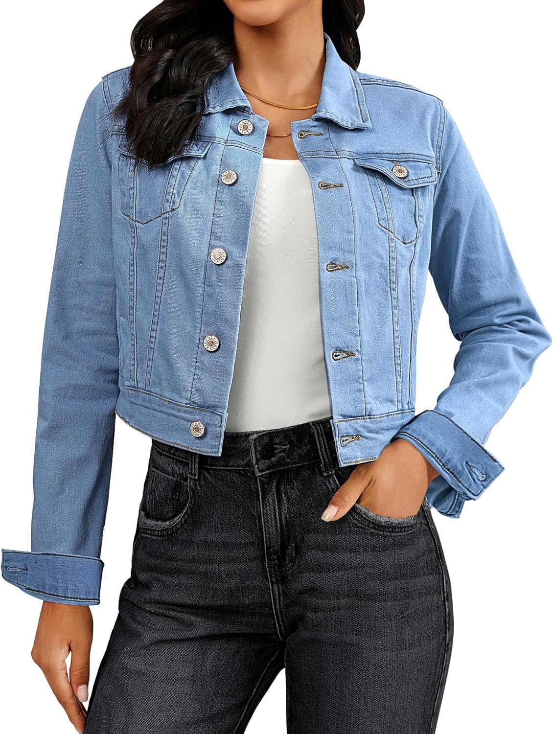 Vetinee Cropped Jean Jacket Women Trendy Button Down Lightweight Slim Fit Short Trucker Stretchy Denim Jackets Shackets