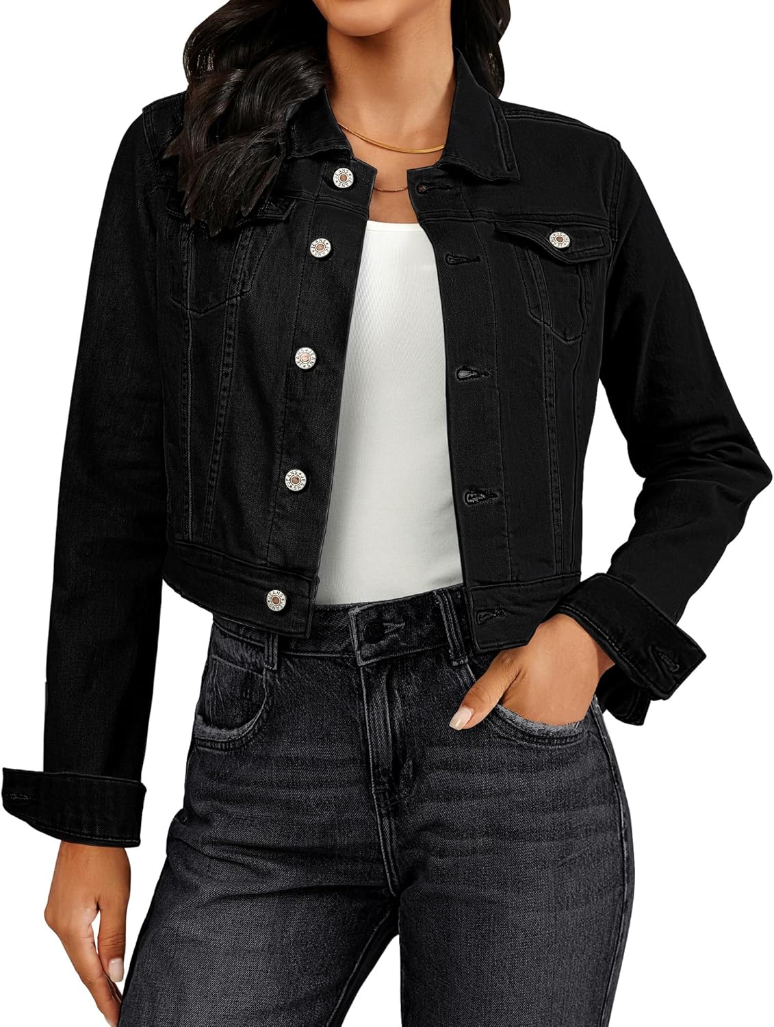 Vetinee Cropped Jean Jacket Women Trendy Button Down Lightweight Slim Fit Short Trucker Stretchy Denim Jackets Shackets