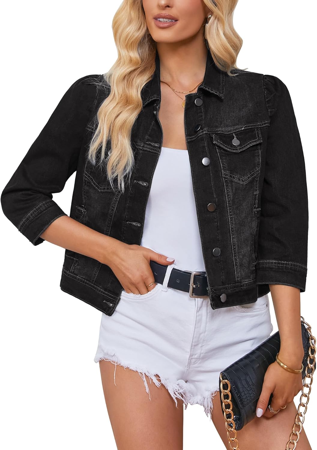 Vetinee Womens Jean Jacket Cropped Denim Jackets Stretchy 3\/4 Puff Sleeve Distressed Shacket with Pockets