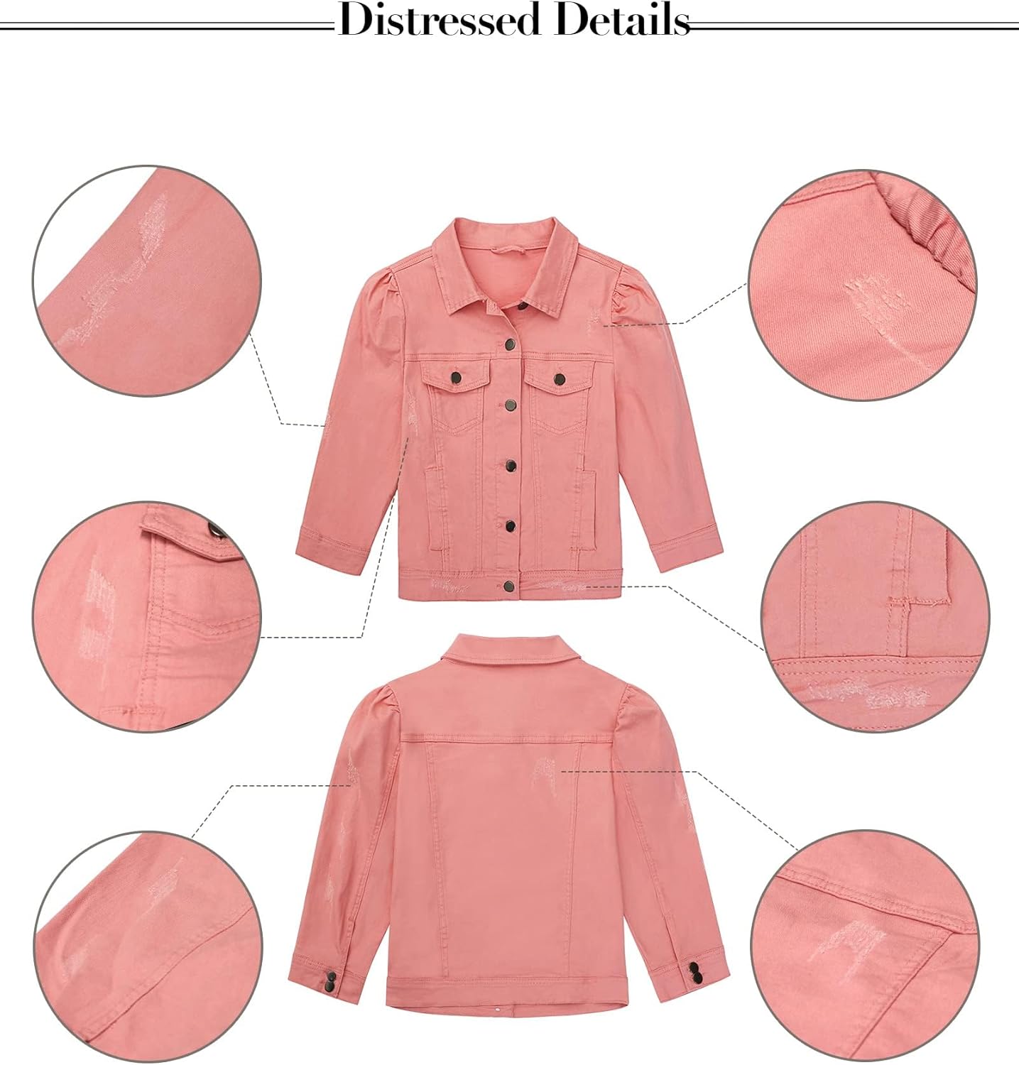 Vetinee Womens Jean Jacket Cropped Denim Jackets Stretchy 3\/4 Puff Sleeve Distressed Shacket with Pockets