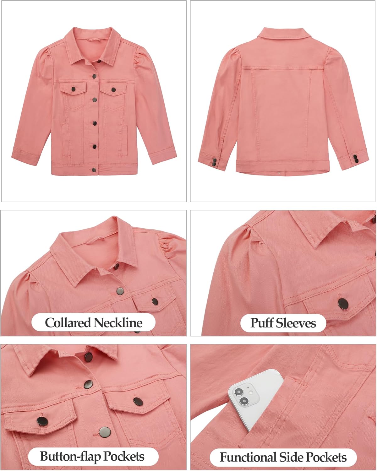 Vetinee Womens Jean Jacket Cropped Denim Jackets Stretchy 3\/4 Puff Sleeve Distressed Shacket with Pockets