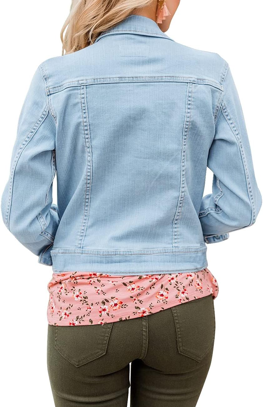 Vetinee Womens Stretch Button Down Long Sleeve Pockets Denim Jean Trucker Jacket