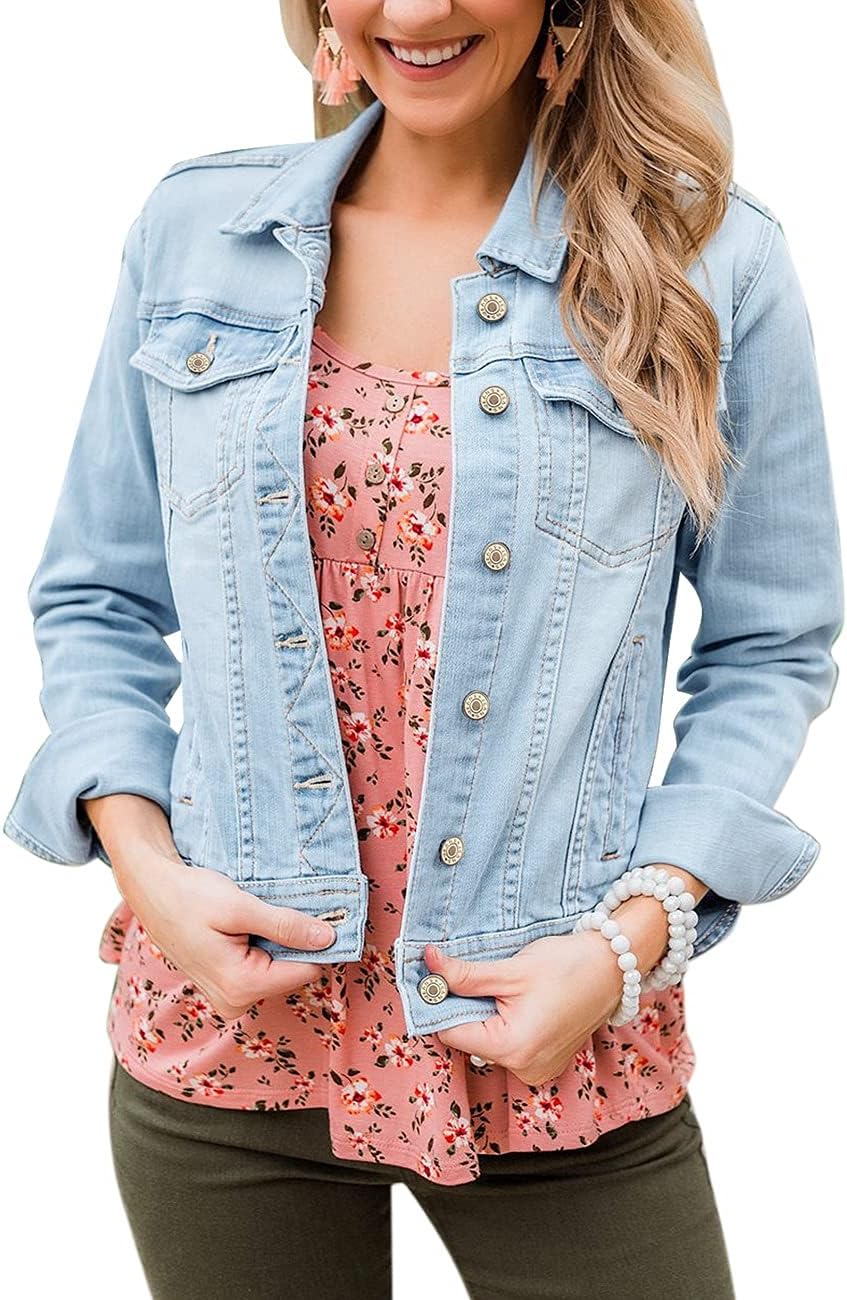 Vetinee Womens Stretch Button Down Long Sleeve Pockets Denim Jean Trucker Jacket