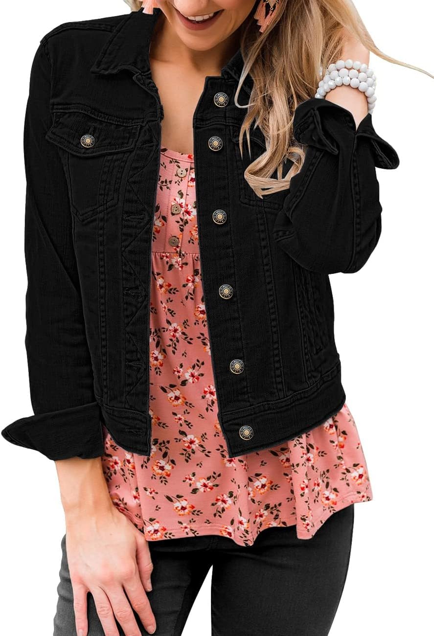 Vetinee Womens Stretch Button Down Long Sleeve Pockets Denim Jean Trucker Jacket