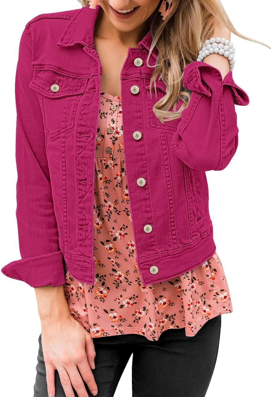 Vetinee Womens Stretch Button Down Long Sleeve Pockets Denim Jean Trucker Jacket