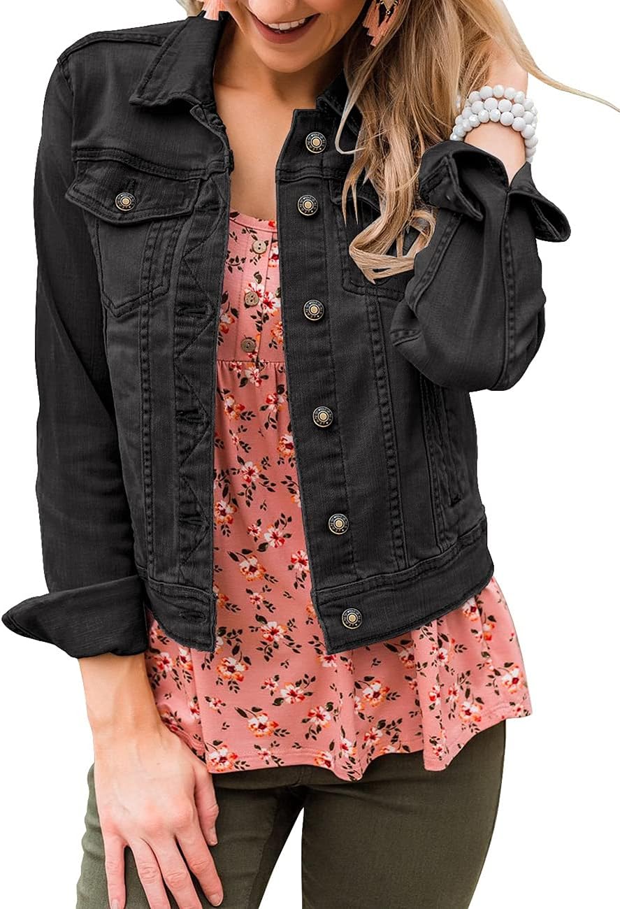 Vetinee Womens Stretch Button Down Long Sleeve Pockets Denim Jean Trucker Jacket