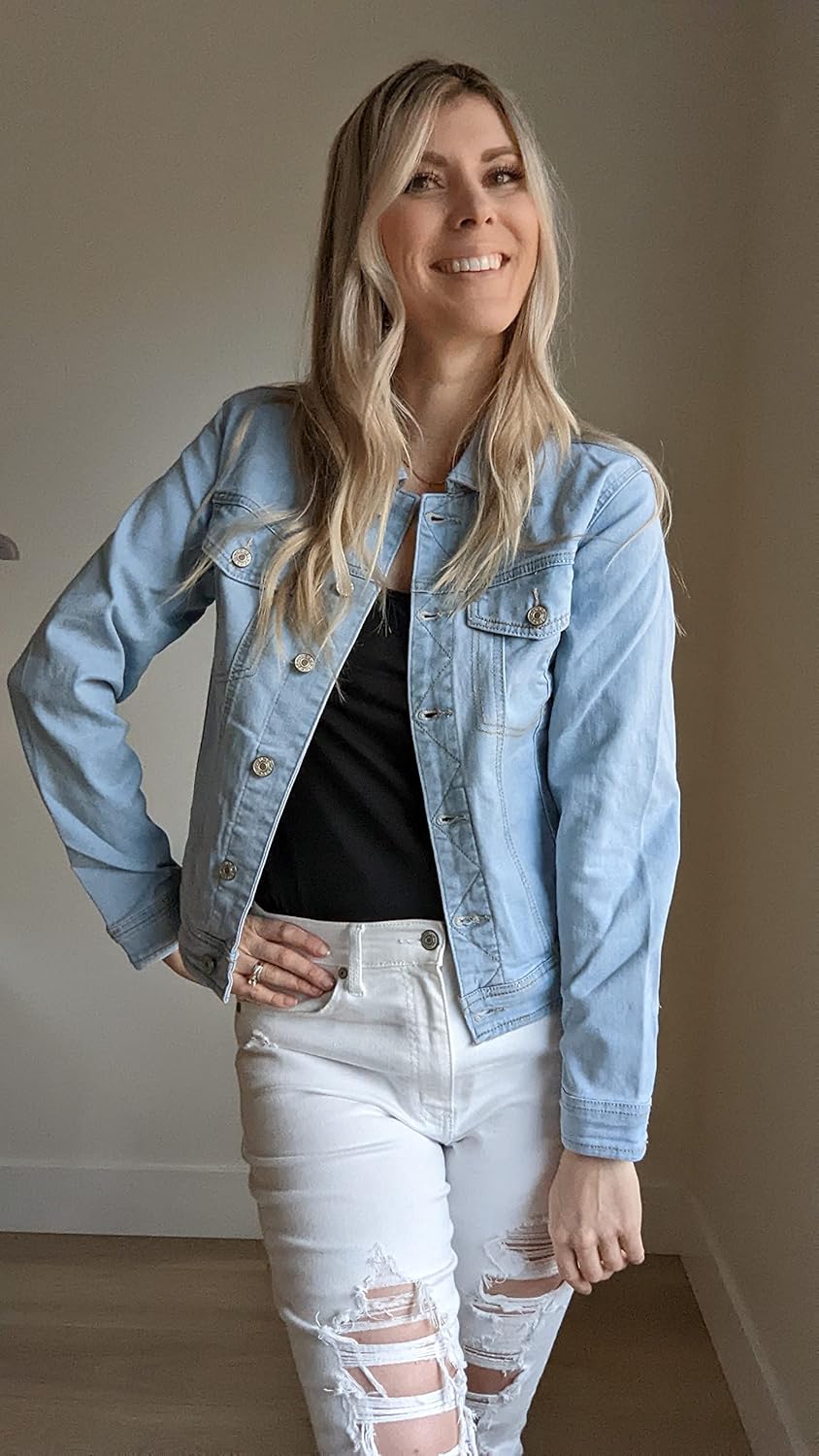 Vetinee Womens Stretch Button Down Long Sleeve Pockets Denim Jean Trucker Jacket