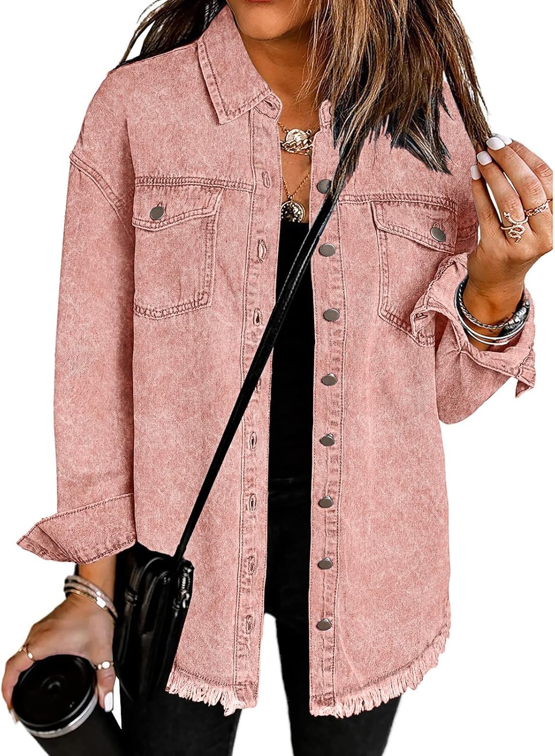 Vetinee Women\u2019s Oversized Button Up Frayed Hem Shacket Long Sleeve Pockets Denim Jean Jacket