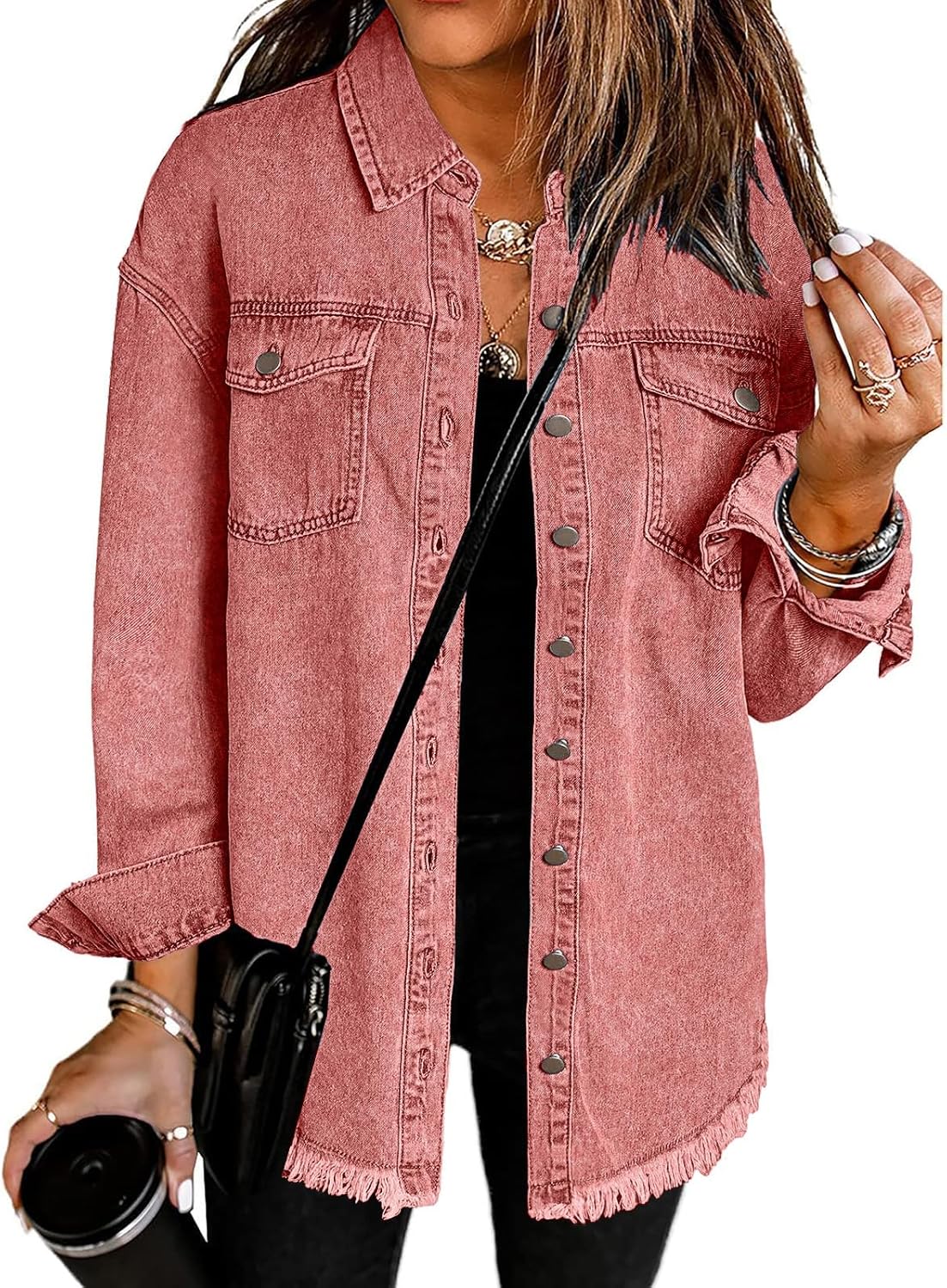 Vetinee Women\u2019s Oversized Button Up Frayed Hem Shacket Long Sleeve Pockets Denim Jean Jacket