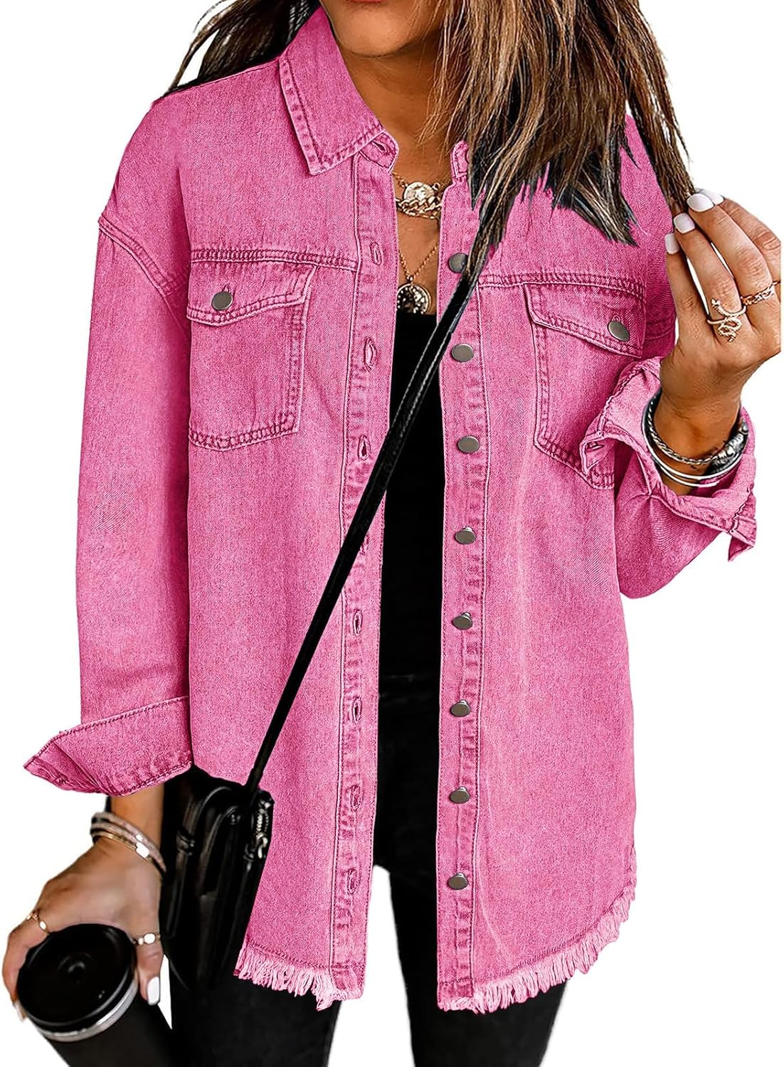 Vetinee Women\u2019s Oversized Button Up Frayed Hem Shacket Long Sleeve Pockets Denim Jean Jacket