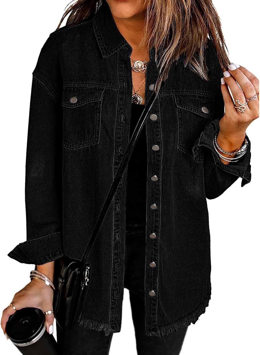 Vetinee Women\u2019s Oversized Button Up Frayed Hem Shacket Long Sleeve Pockets Denim Jean Jacket