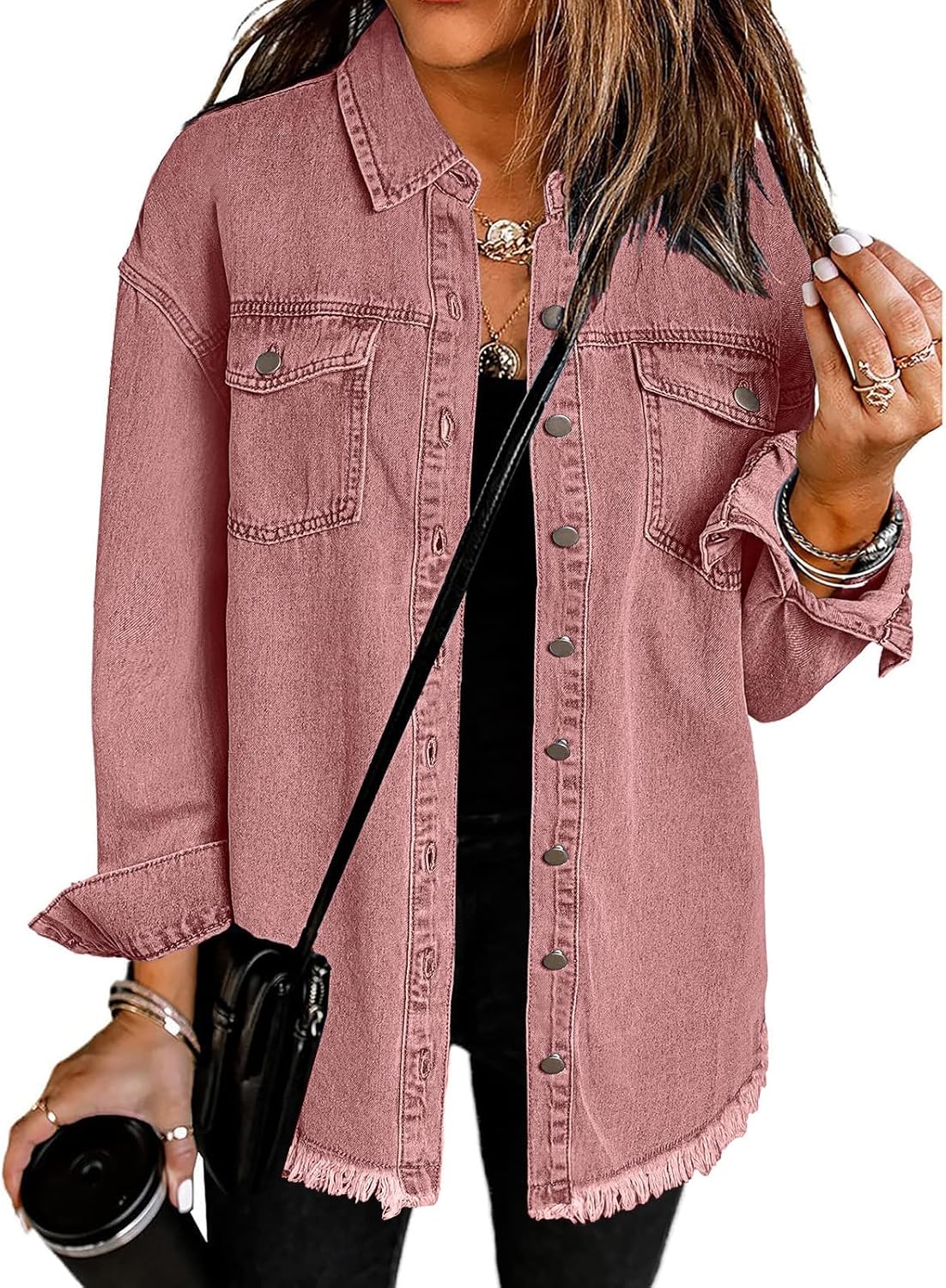 Vetinee Women\u2019s Oversized Button Up Frayed Hem Shacket Long Sleeve Pockets Denim Jean Jacket