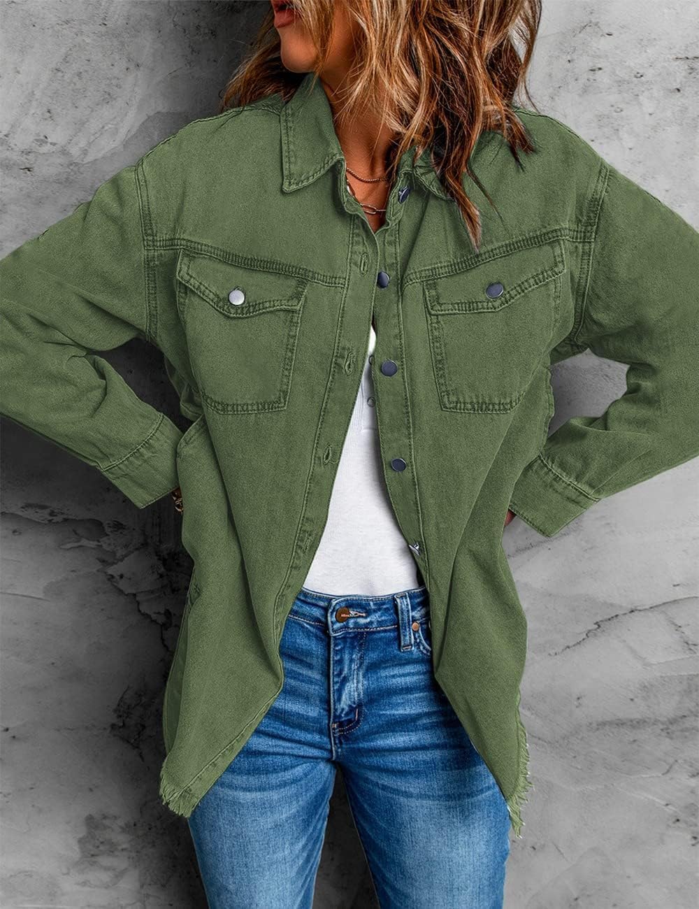 Vetinee Women\u2019s Oversized Button Up Frayed Hem Shacket Long Sleeve Pockets Denim Jean Jacket