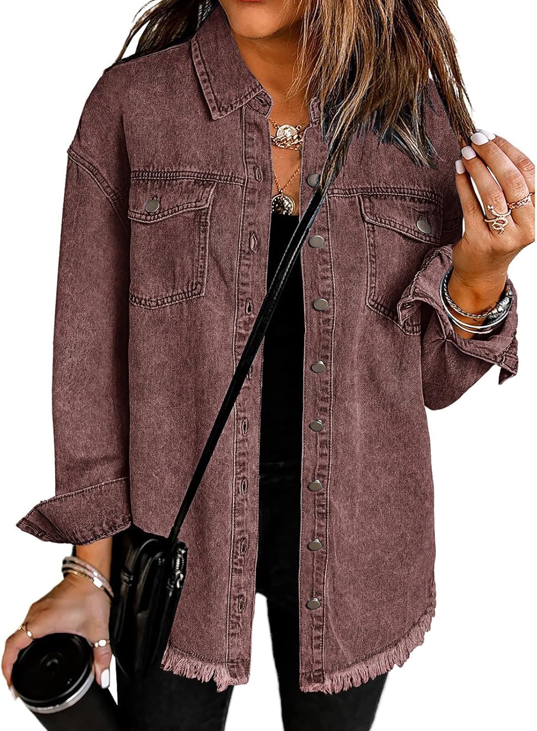 Vetinee Women\u2019s Oversized Button Up Frayed Hem Shacket Long Sleeve Pockets Denim Jean Jacket