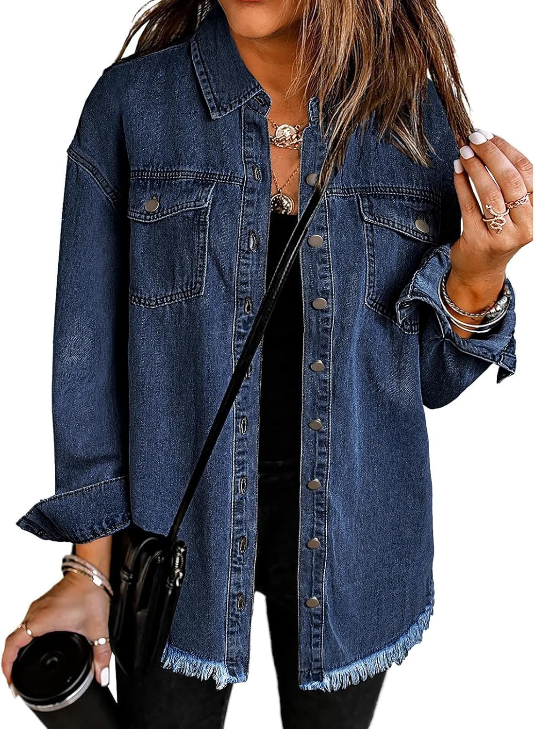 Vetinee Women\u2019s Oversized Button Up Frayed Hem Shacket Long Sleeve Pockets Denim Jean Jacket