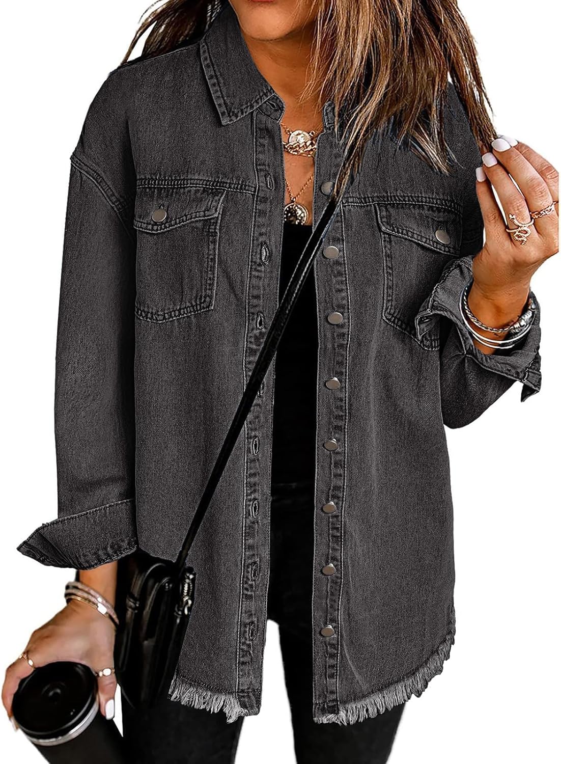 Vetinee Women\u2019s Oversized Button Up Frayed Hem Shacket Long Sleeve Pockets Denim Jean Jacket