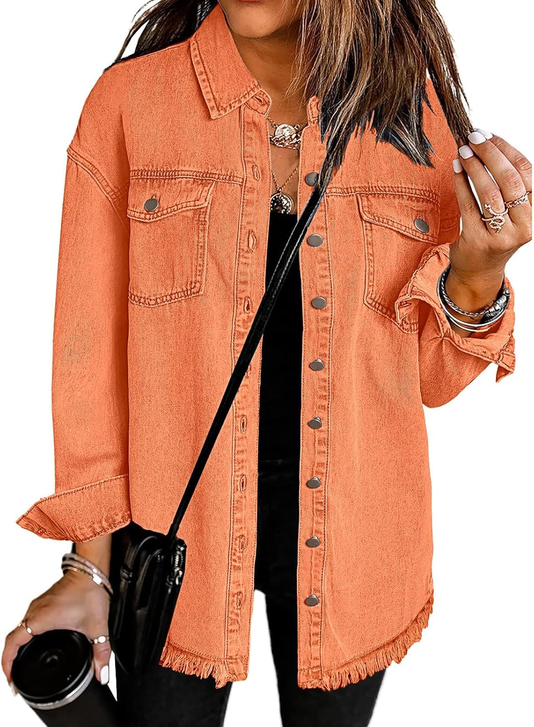 Vetinee Women\u2019s Oversized Button Up Frayed Hem Shacket Long Sleeve Pockets Denim Jean Jacket