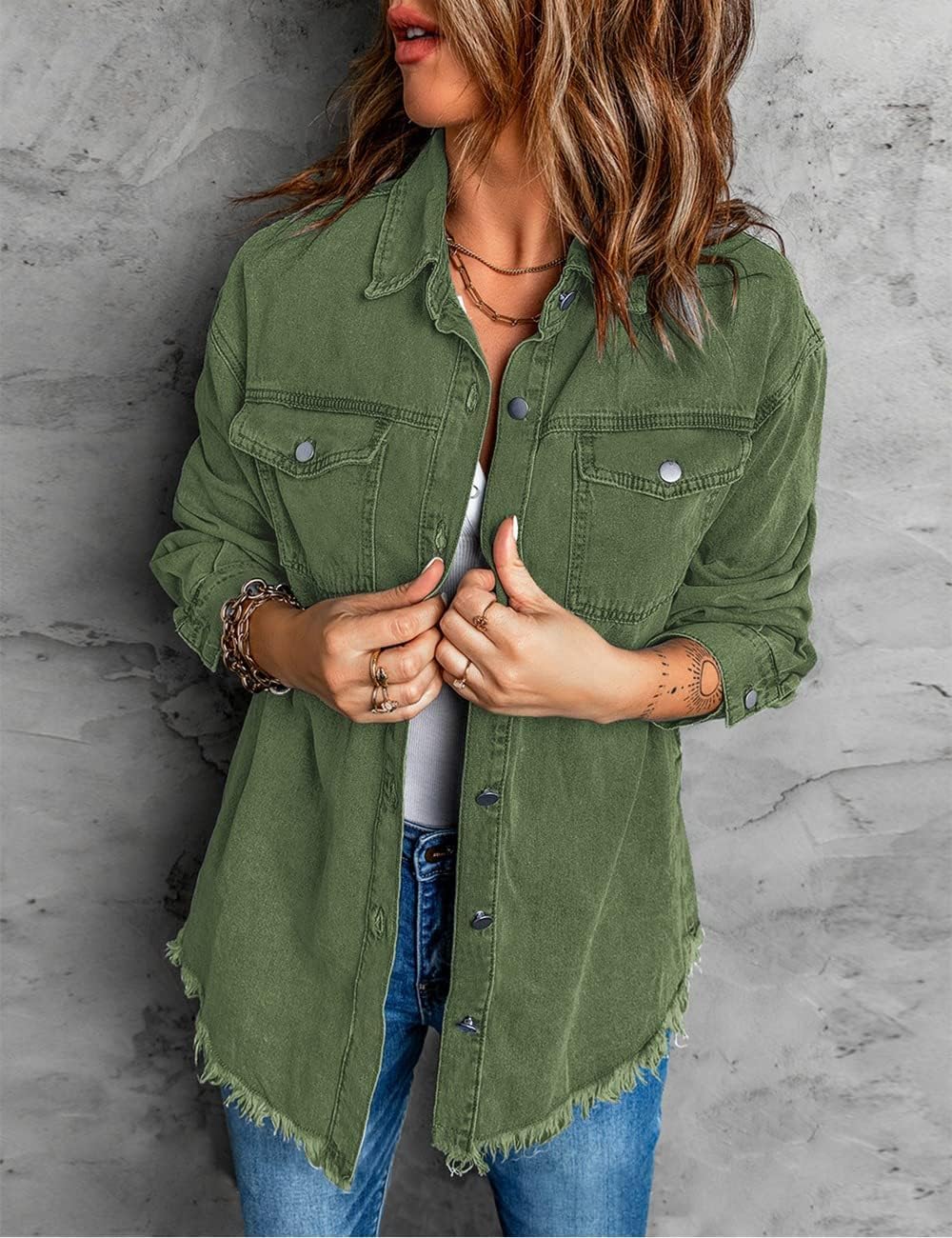 Vetinee Women\u2019s Oversized Button Up Frayed Hem Shacket Long Sleeve Pockets Denim Jean Jacket