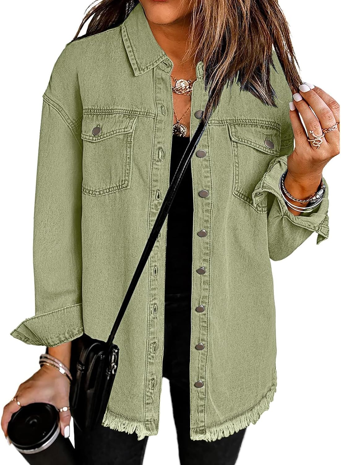 Vetinee Women\u2019s Oversized Button Up Frayed Hem Shacket Long Sleeve Pockets Denim Jean Jacket