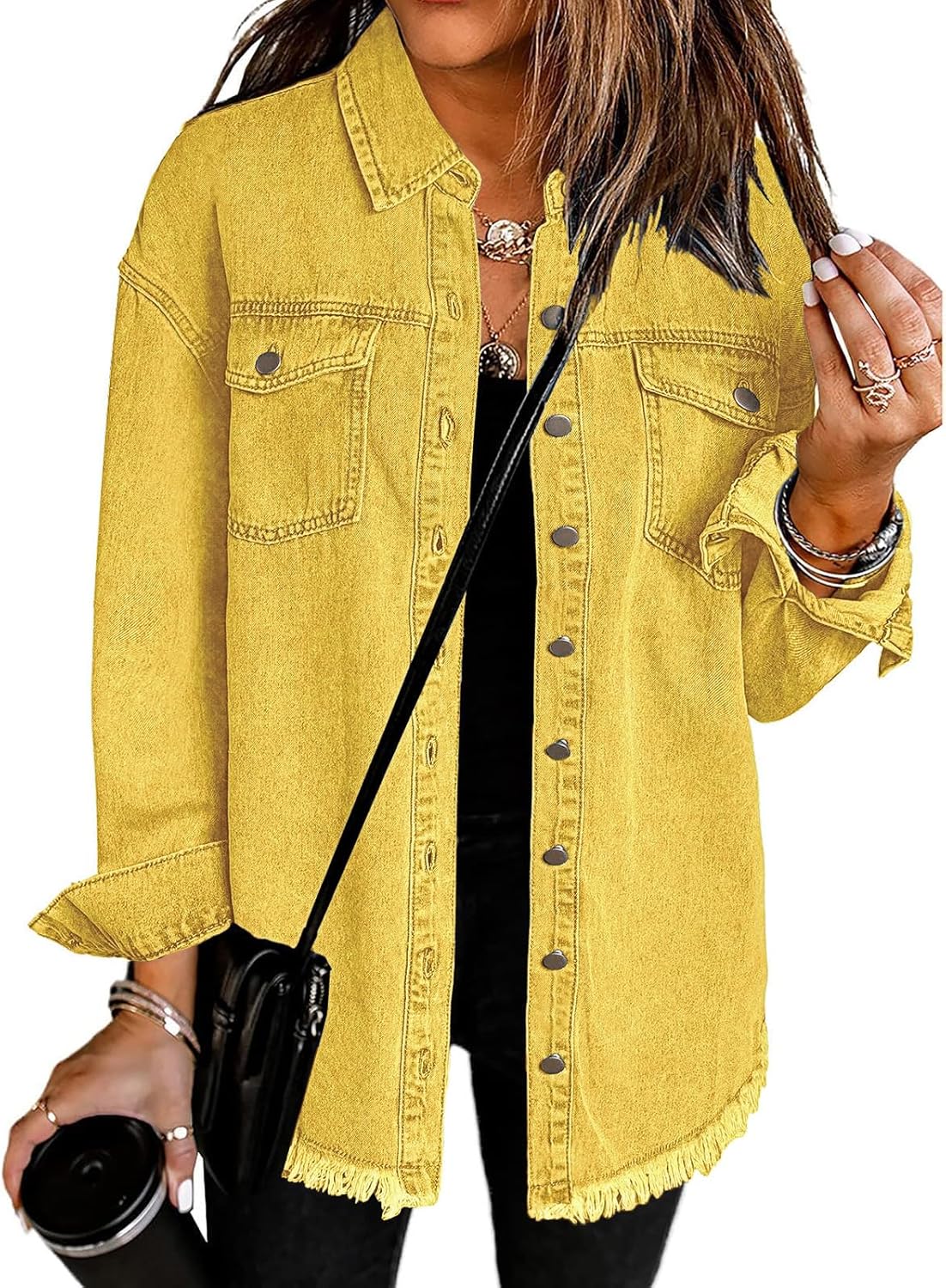 Vetinee Women\u2019s Oversized Button Up Frayed Hem Shacket Long Sleeve Pockets Denim Jean Jacket