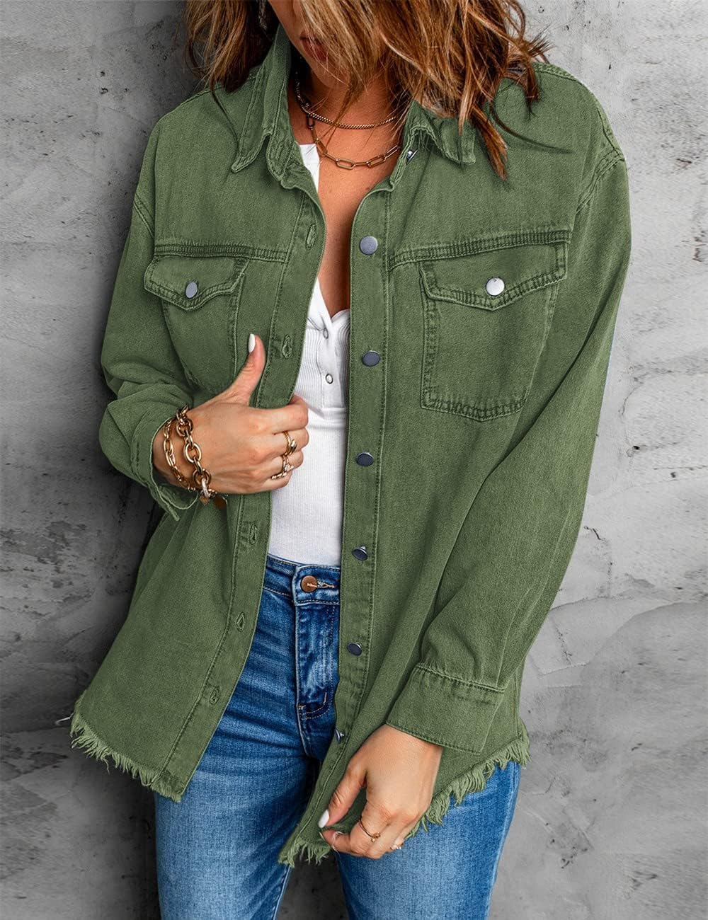 Vetinee Women\u2019s Oversized Button Up Frayed Hem Shacket Long Sleeve Pockets Denim Jean Jacket