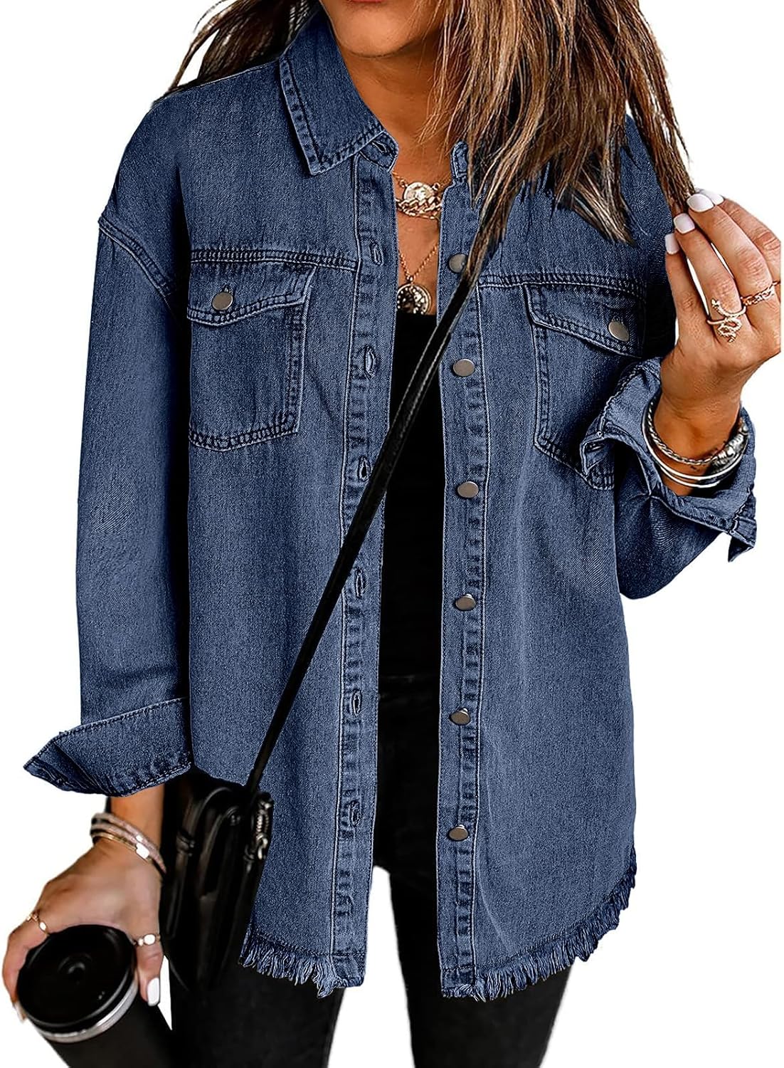 Vetinee Women\u2019s Oversized Button Up Frayed Hem Shacket Long Sleeve Pockets Denim Jean Jacket