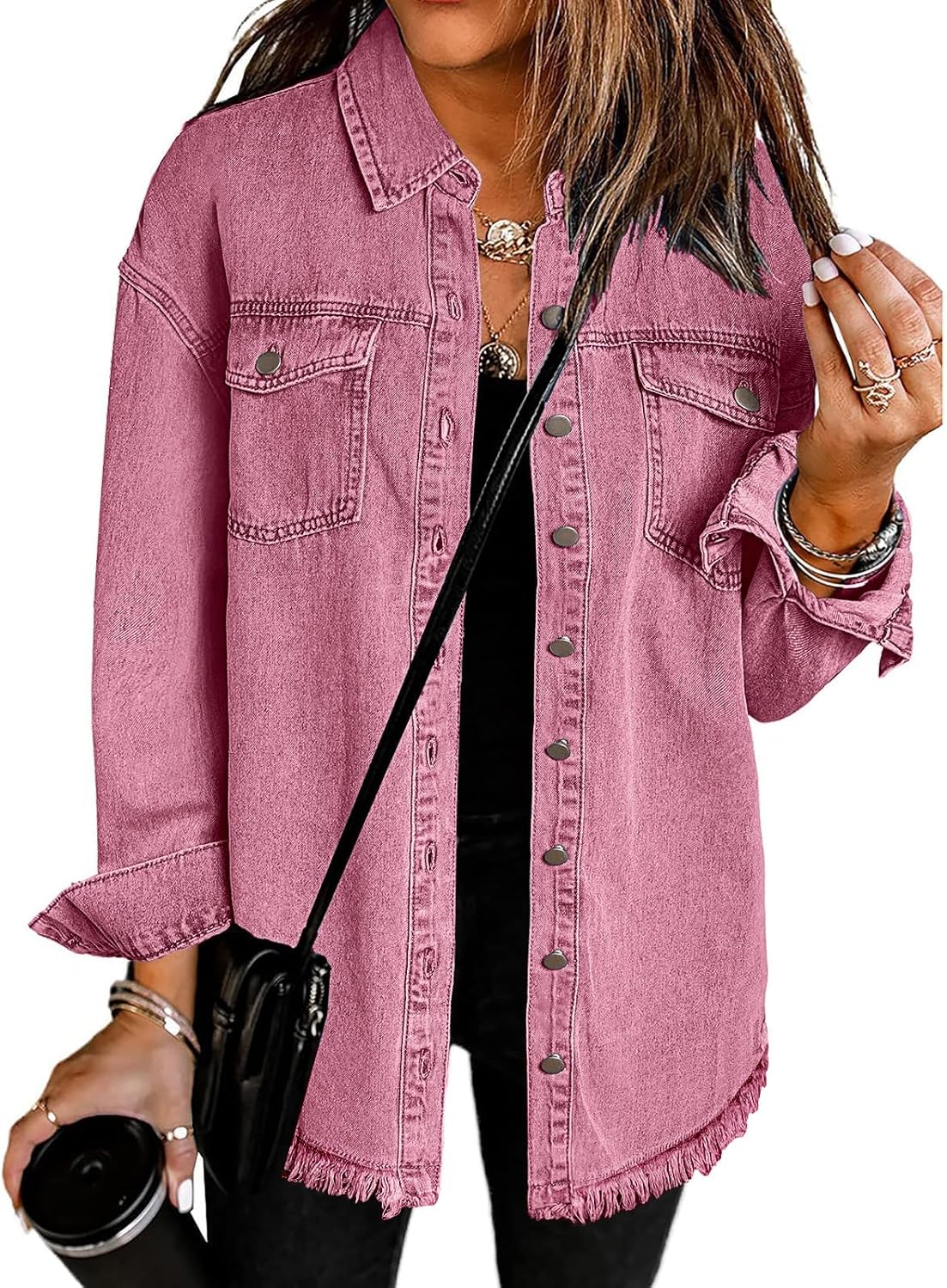 Vetinee Women\u2019s Oversized Button Up Frayed Hem Shacket Long Sleeve Pockets Denim Jean Jacket