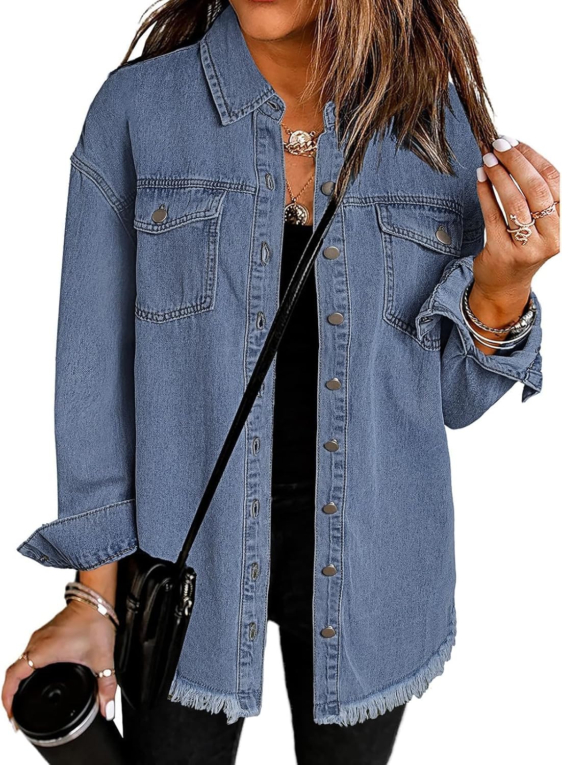 Vetinee Women\u2019s Oversized Button Up Frayed Hem Shacket Long Sleeve Pockets Denim Jean Jacket