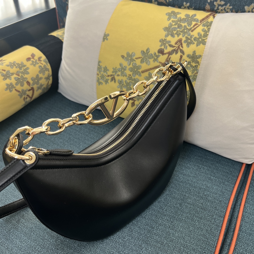 Vlogo Moon Medium Grainy Calfskin Hobo Bag With Chain BLACK