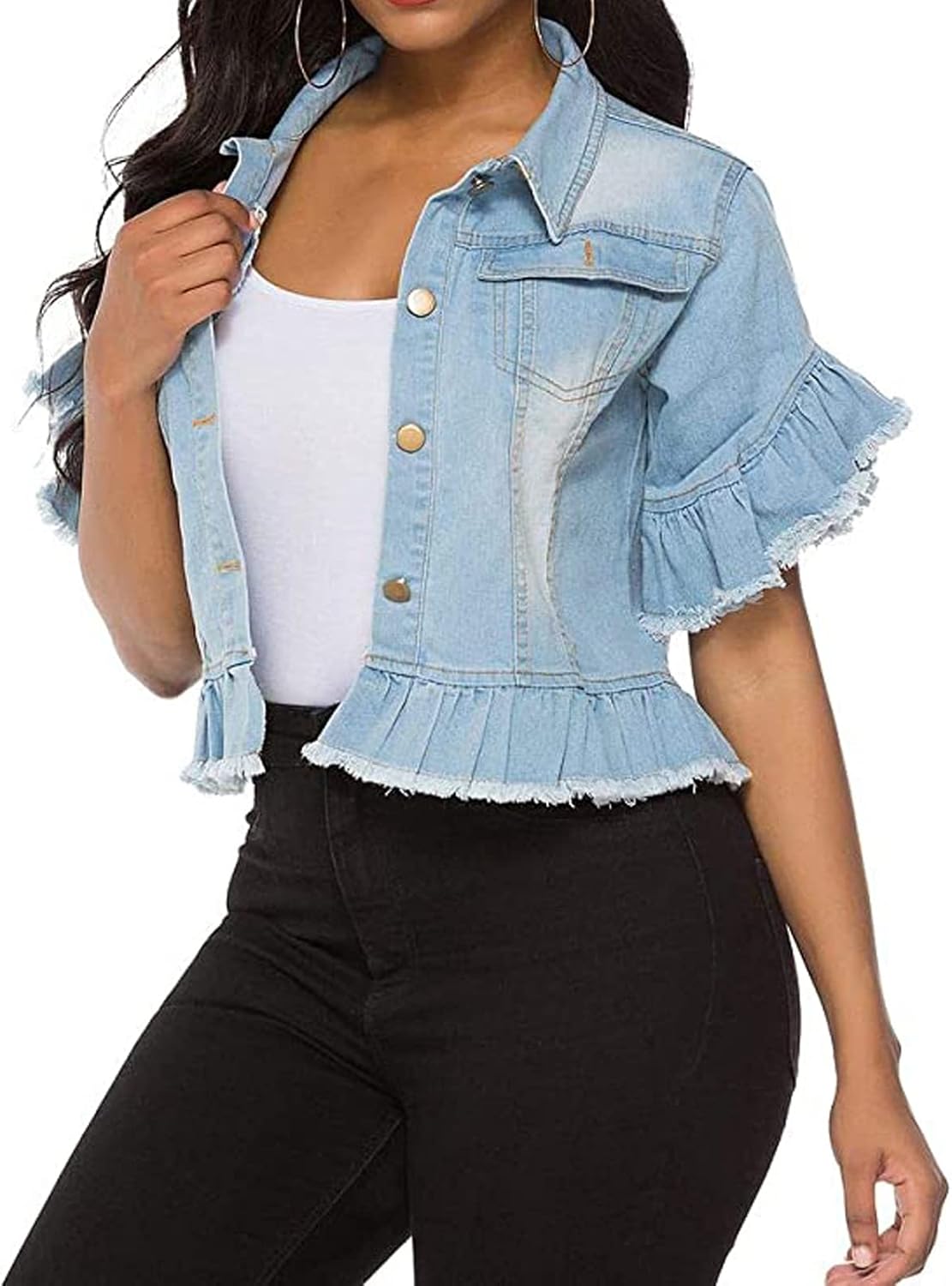 vunahzma Women’s Denim Jacket Button Down Distressed Ruffle Sleeve Crop Jean Jackets Coat
