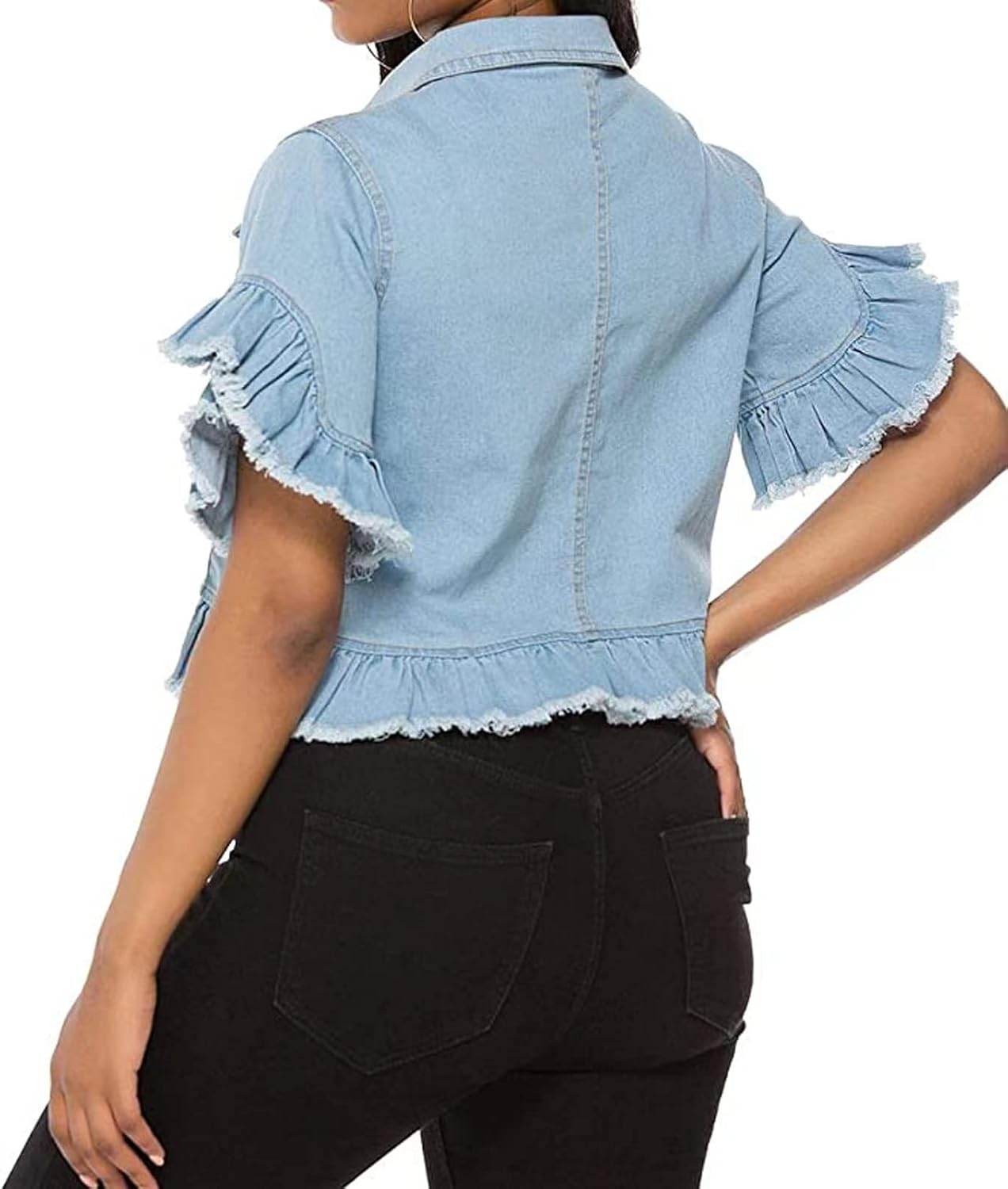 vunahzma Women’s Denim Jacket Button Down Distressed Ruffle Sleeve Crop Jean Jackets Coat