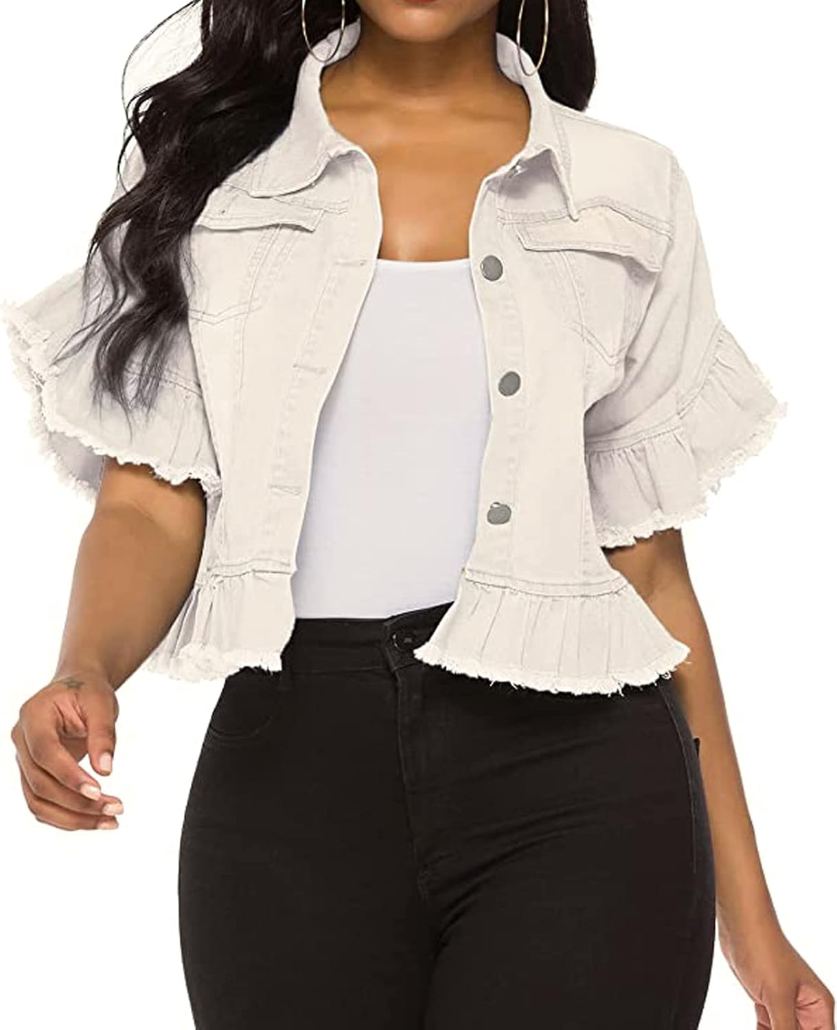 vunahzma Women’s Denim Jacket Button Down Distressed Ruffle Sleeve Crop Jean Jackets Coat