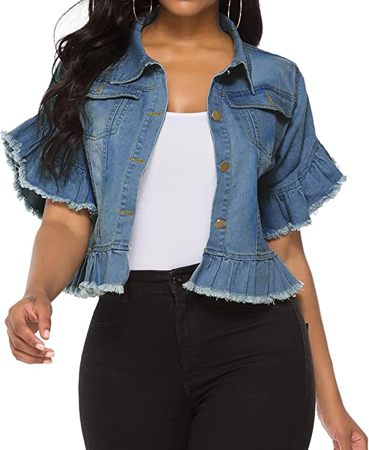 vunahzma Women’s Denim Jacket Button Down Distressed Ruffle Sleeve Crop Jean Jackets Coat