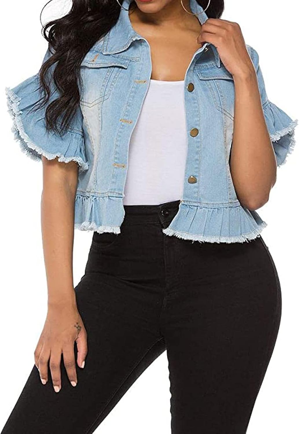 vunahzma Women’s Denim Jacket Button Down Distressed Ruffle Sleeve Crop Jean Jackets Coat